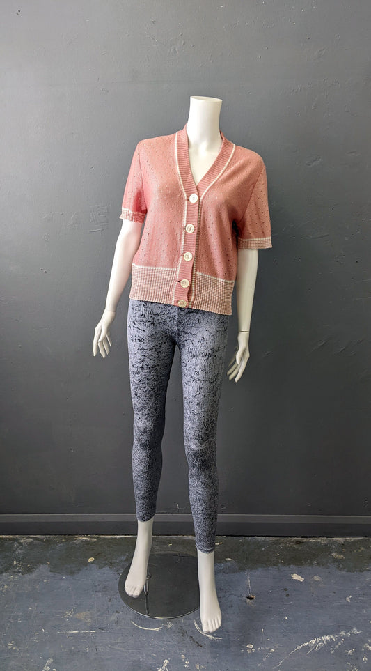 80s Salmon Pink Stripe Cardigan, Vintage Summer Knitwear, Size Medium