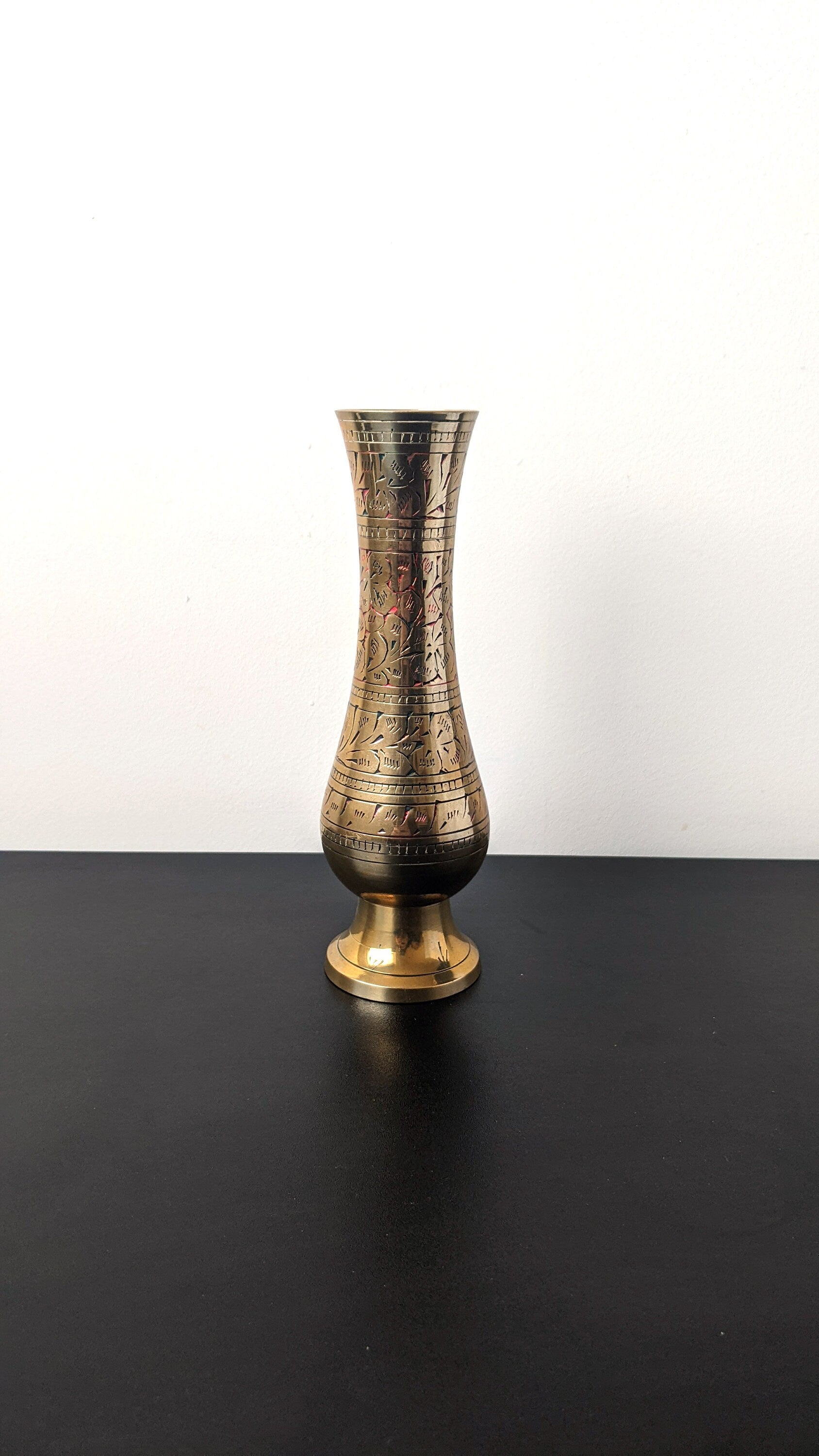 Vintage Small Indian Brass Vase with Chased Flower Design