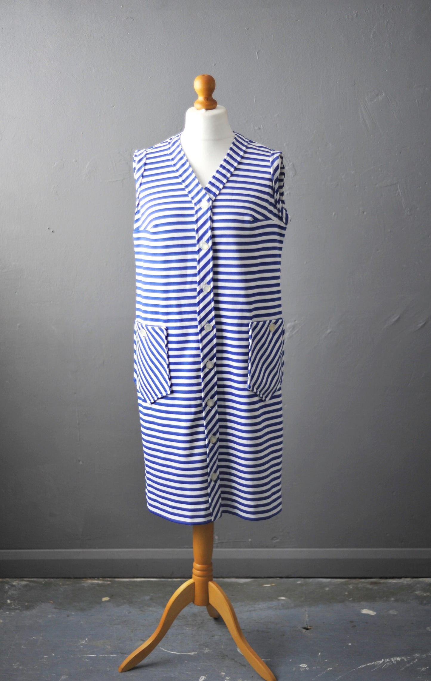 70s Nautical Stripes Dress, Sleeveless Summer Plus Size Vintage