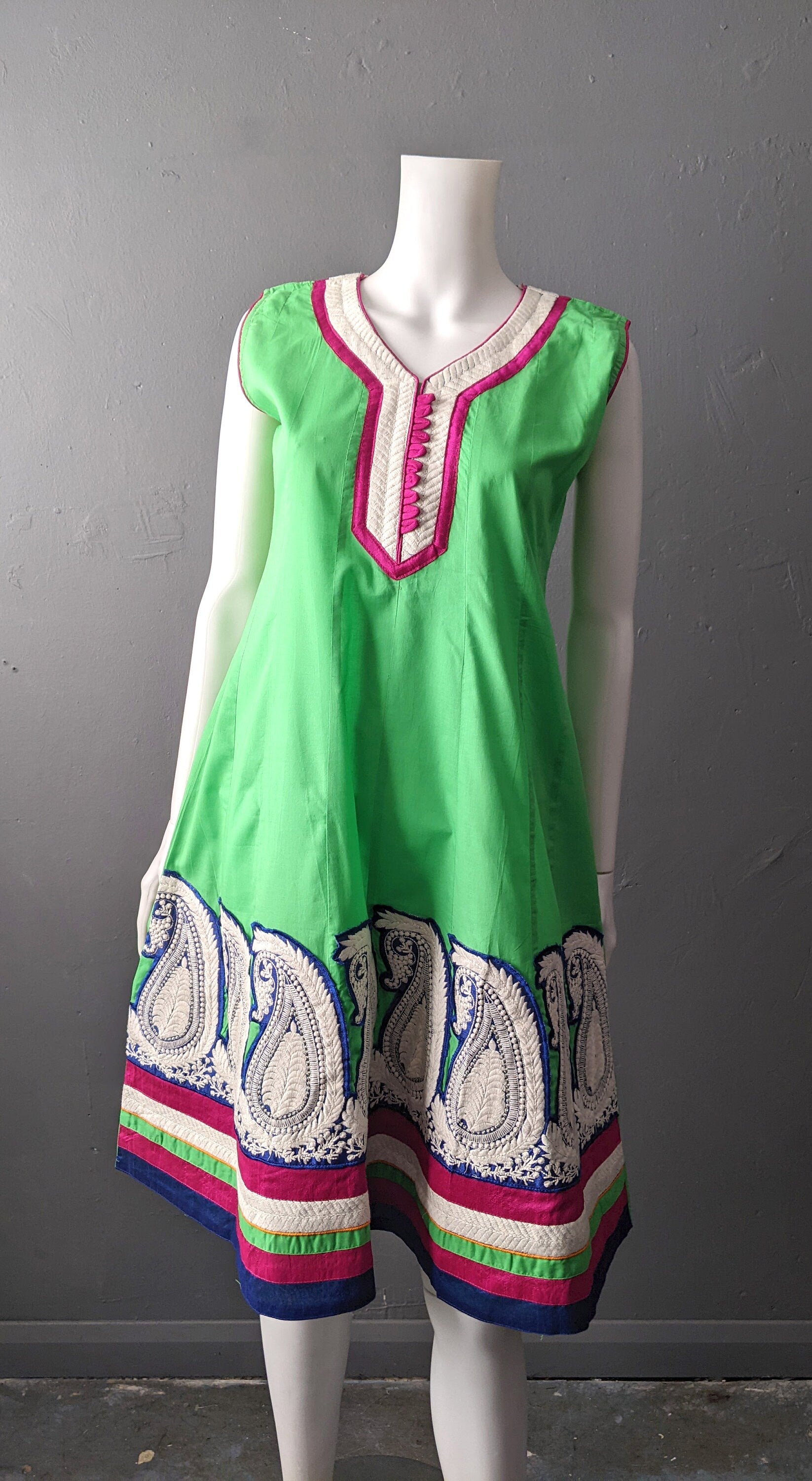 Vintage Colourful Cotton Kameez, Indian Flared Tunic Dress with Paisley Aari, Size Small