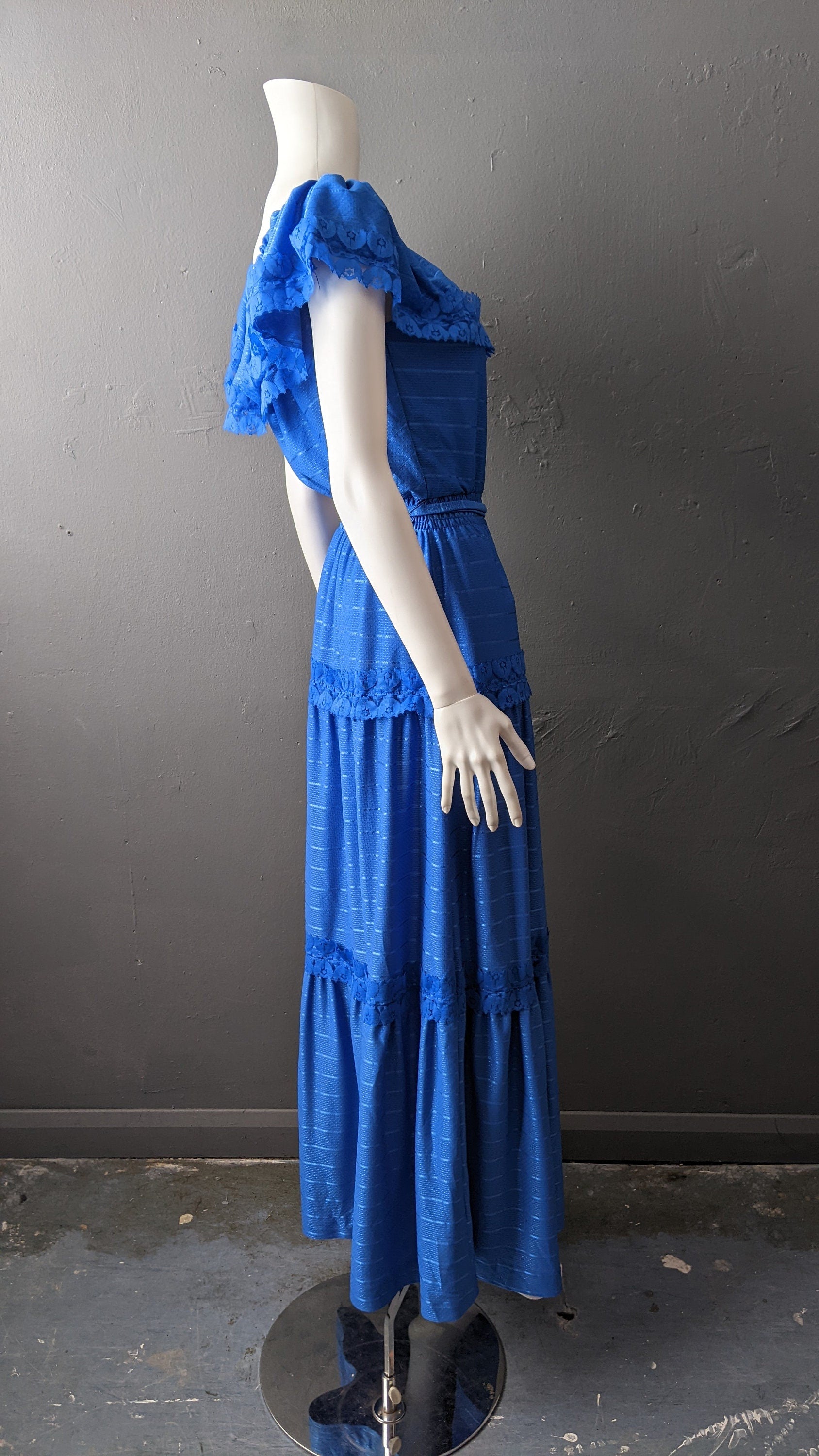 80s Cobalt Blue Maxi Dress by C&A, Tiered Prairie Boho, Size Medium