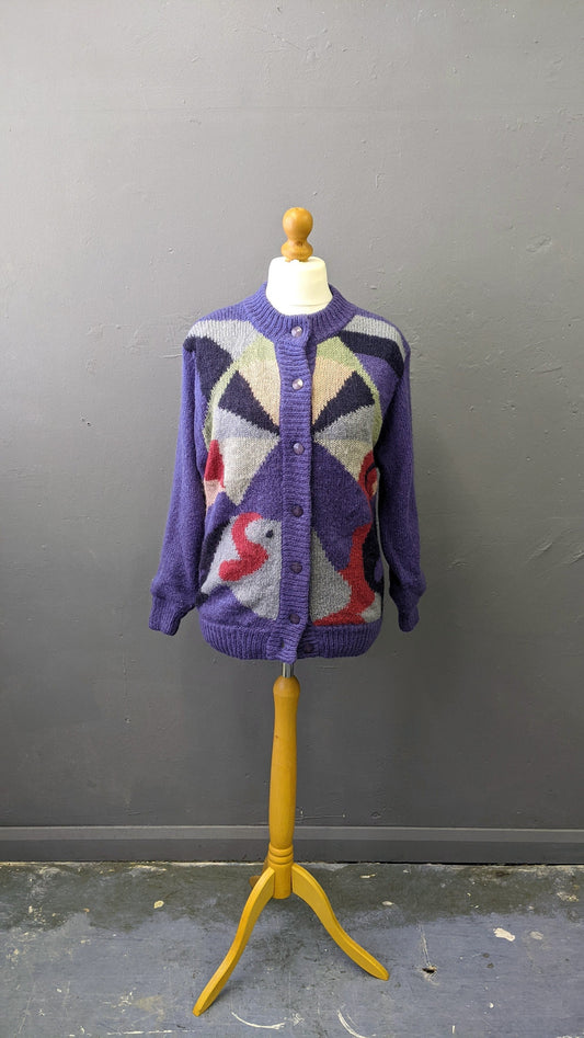 80s Colourful Cardigan, Wool Blend Multicoloured Coatigan, Size Medium