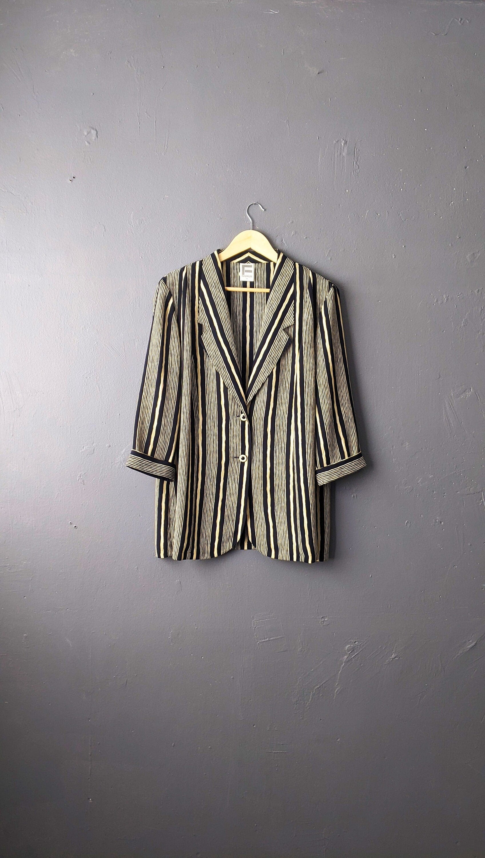 80s Vertical Striped Blazer, Lightweight Summer Jacket, Plus Size XL