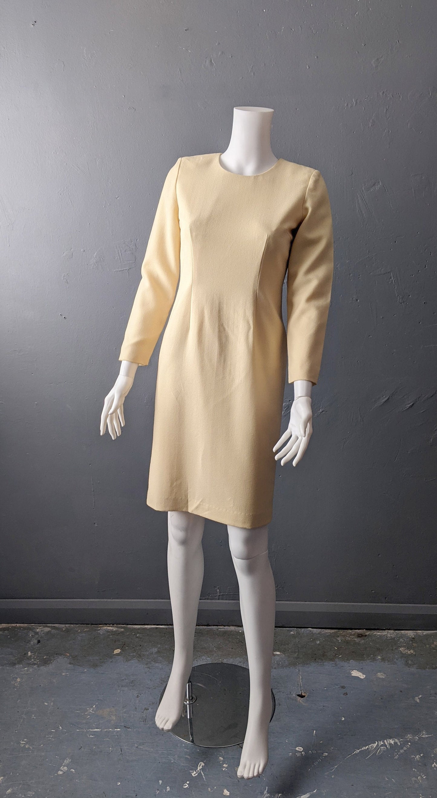 90s Wool Crepe Sheath Dress, Minimalist Eveningwear, Size Small