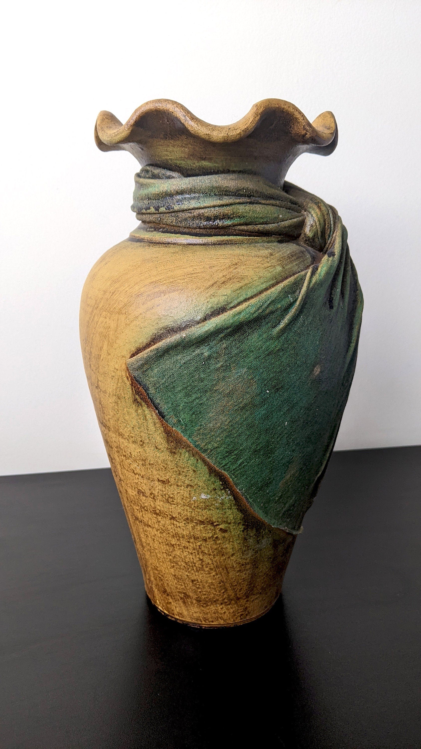 Large Vintage Stoneware Vase with Burlap Fabric Drape, Unique Sculpted Cloth Studio Pottery