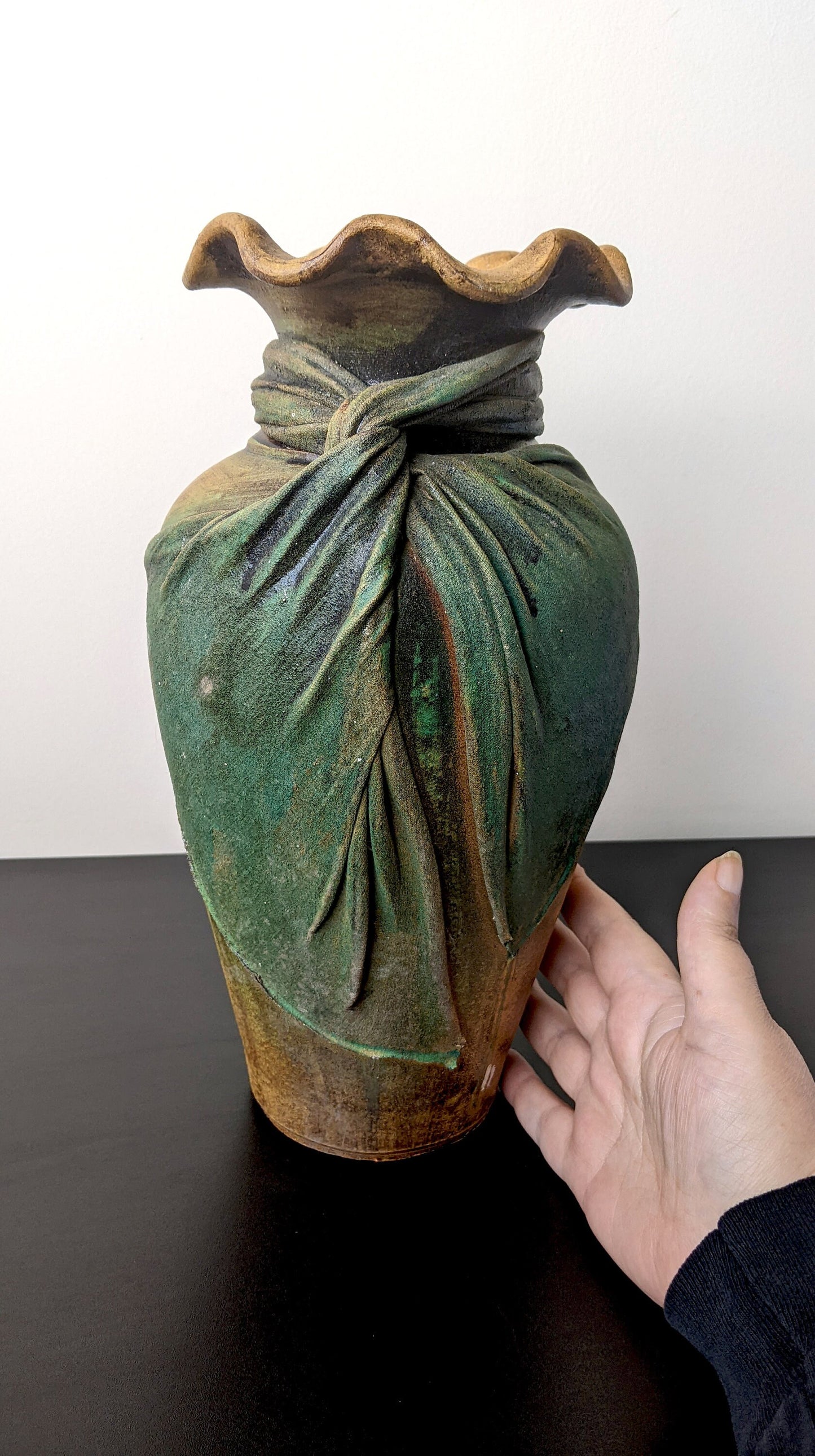 Large Vintage Stoneware Vase with Burlap Fabric Drape, Unique Sculpted Cloth Studio Pottery