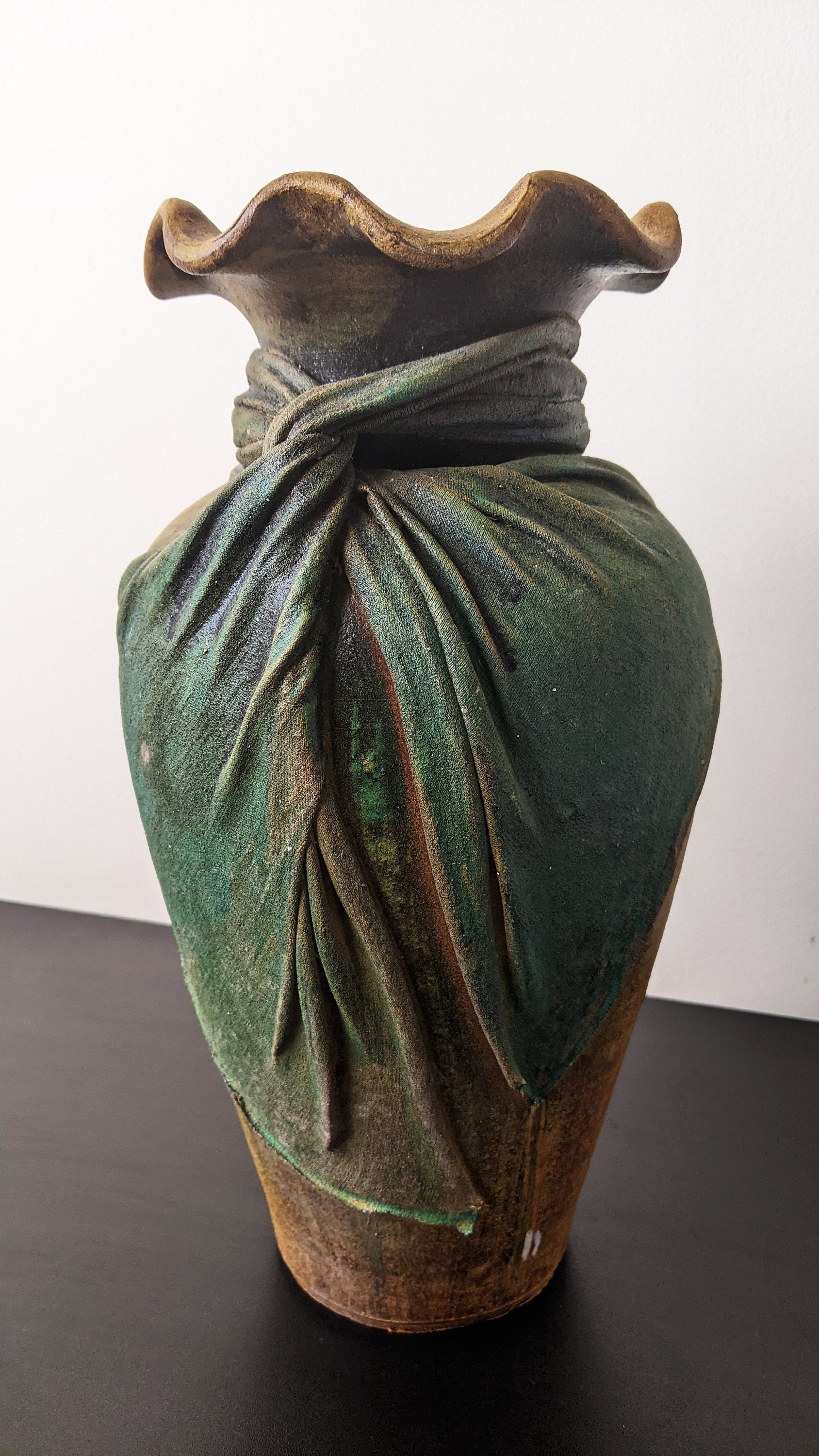 Large Vintage Stoneware Vase with Burlap Fabric Drape, Unique Sculpted Cloth Studio Pottery