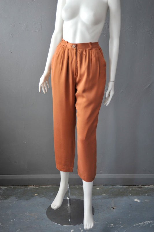 90s Terracotta Pleat Front Trousers, Tapered Fit, Size Short Petite