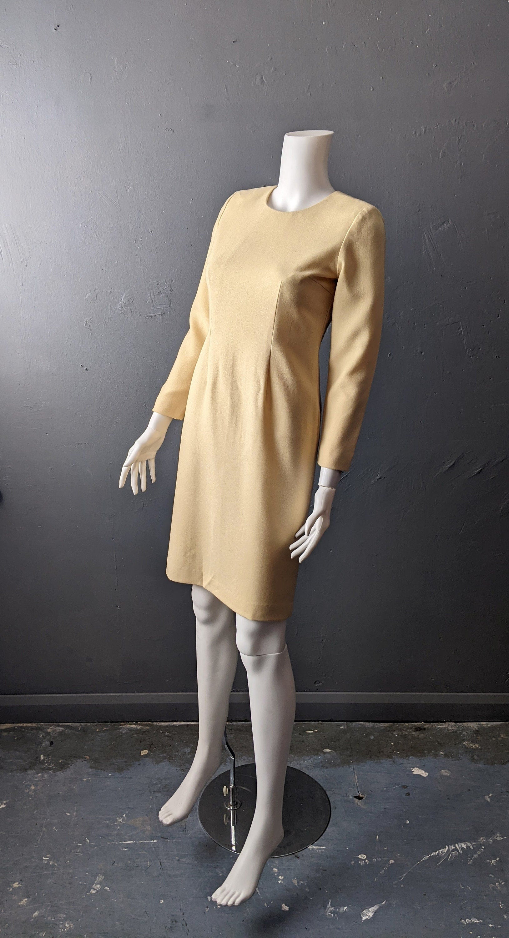 90s Wool Crepe Sheath Dress, Minimalist Eveningwear, Size Small