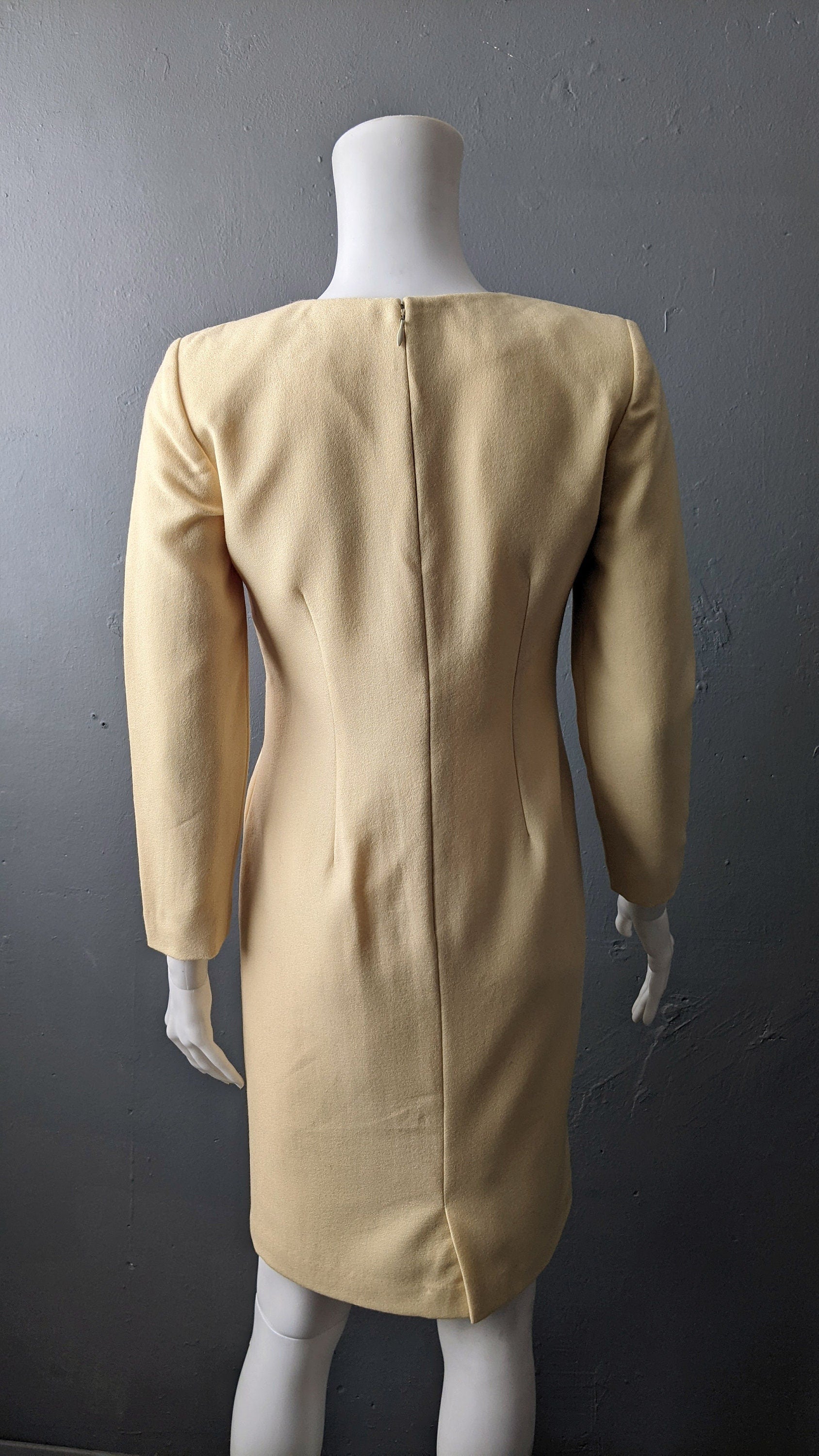 90s Wool Crepe Sheath Dress, Minimalist Eveningwear, Size Small