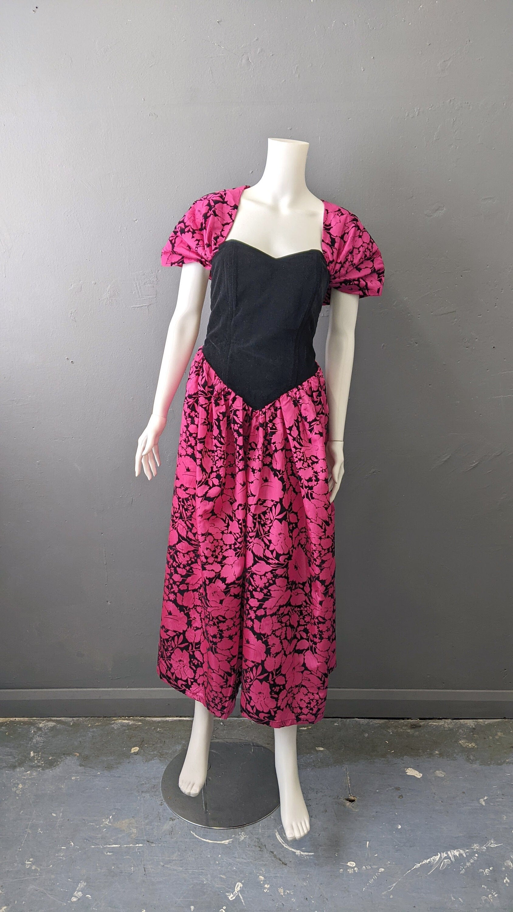 Fuschia 80s Velvet Taffeta Prom Dress by Freds, Eighties Party Outfit, Size Small