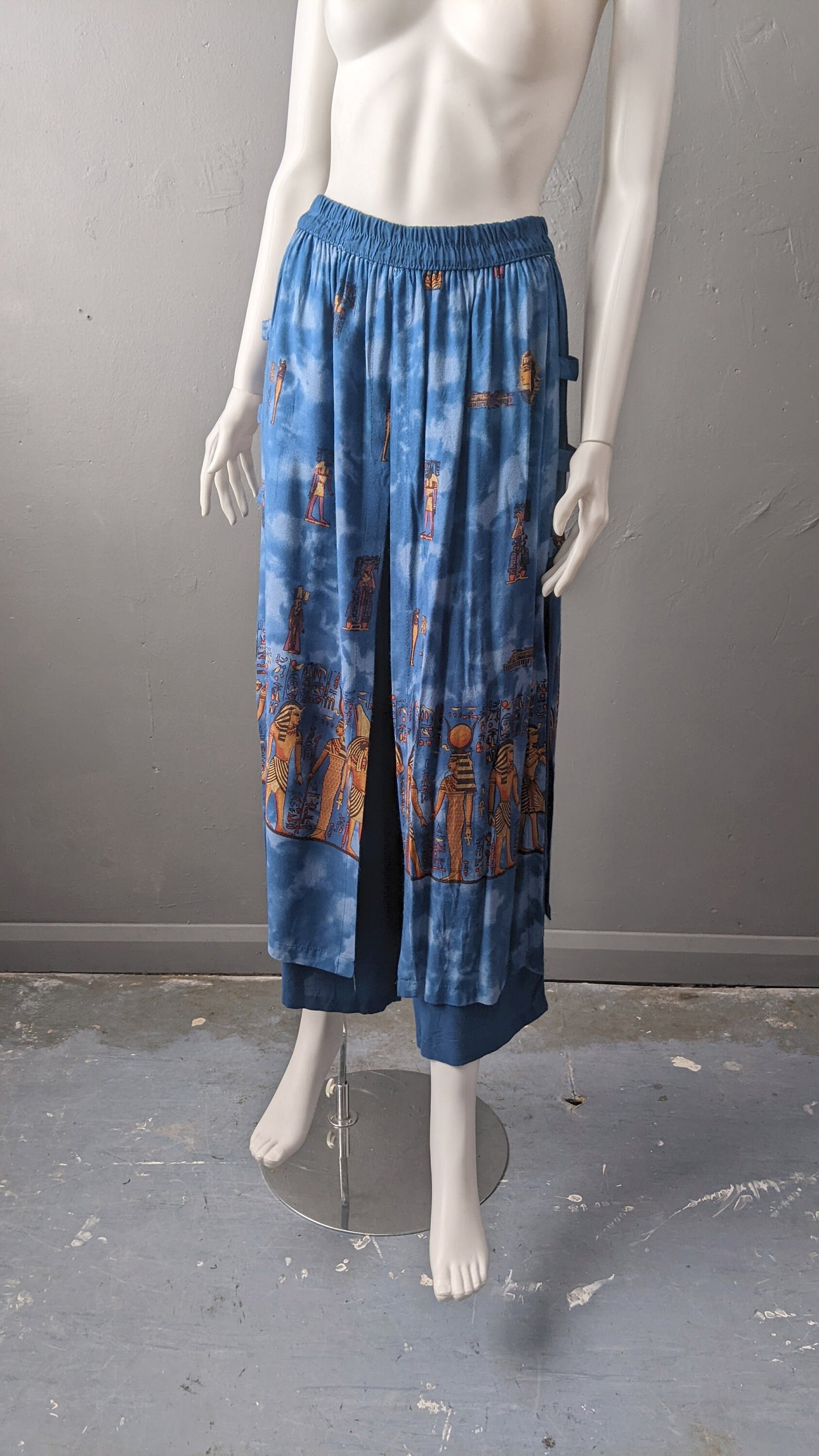 90s Wide Leg Summer Trousers with Egyptian Gods, Size Small Medium