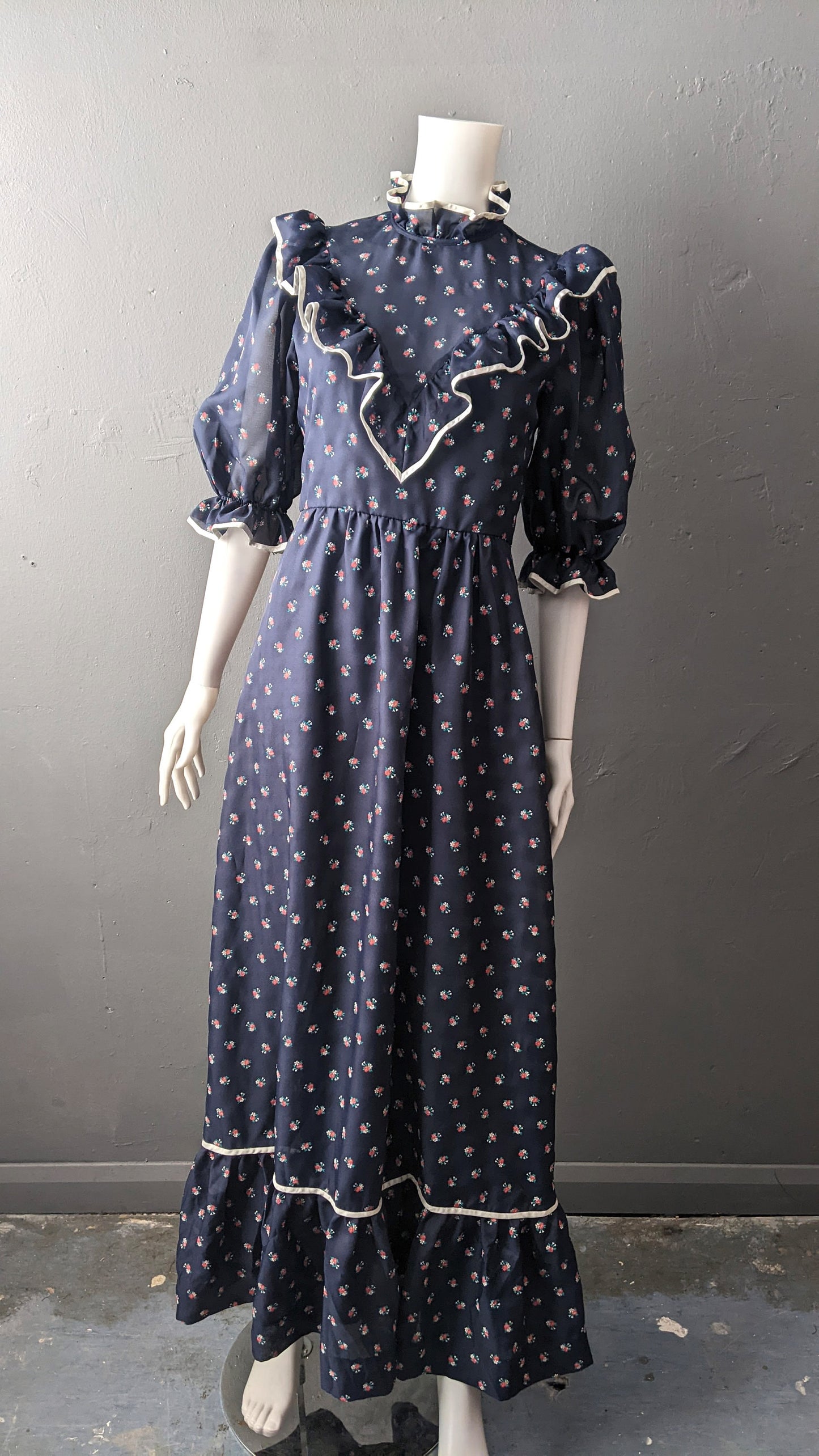 80s Frilly Prairie Maxi Dress by E + M Augustat, Boho Victoriana, Size Small