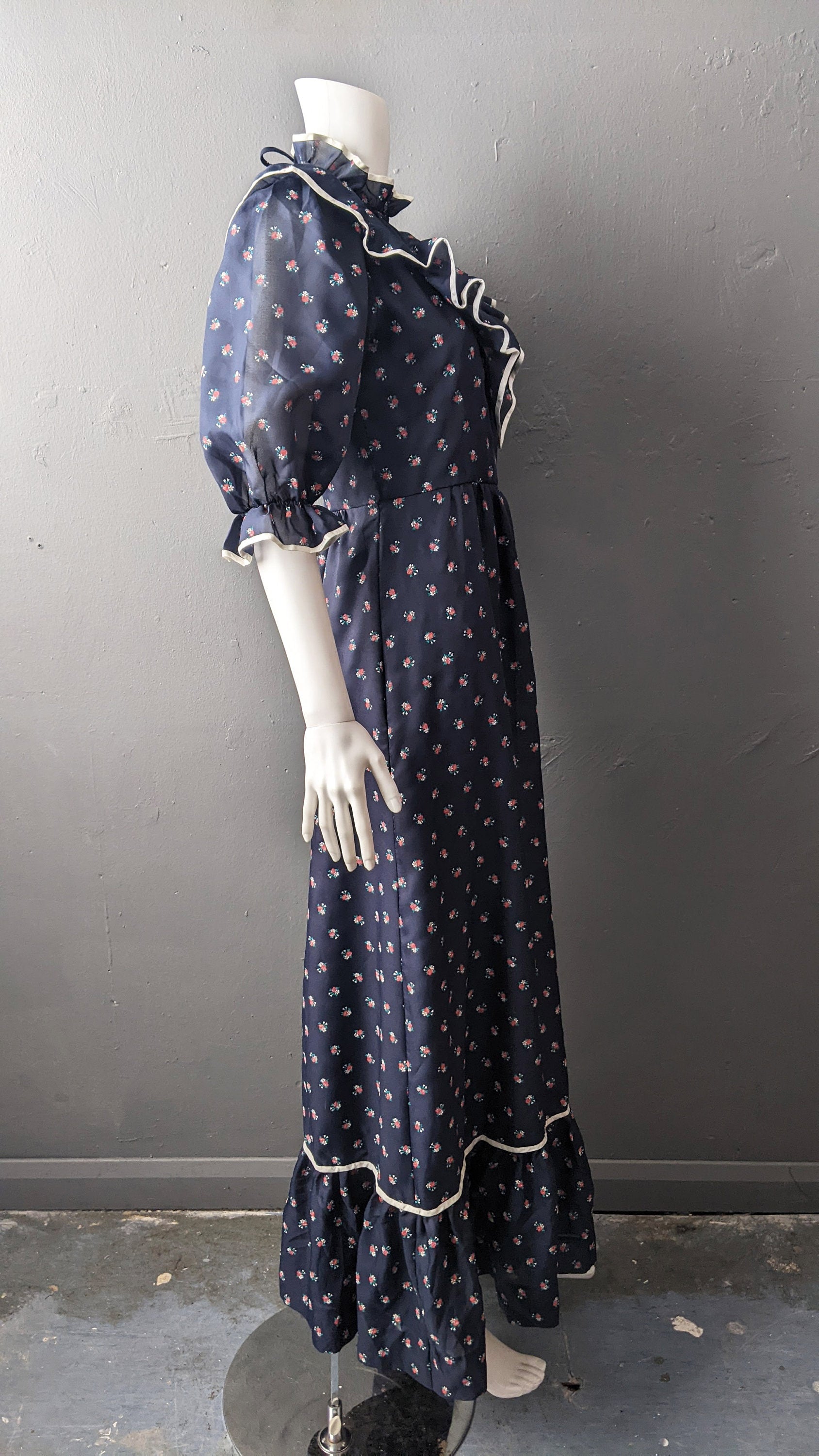 80s Frilly Prairie Maxi Dress by E + M Augustat, Boho Victoriana, Size Small