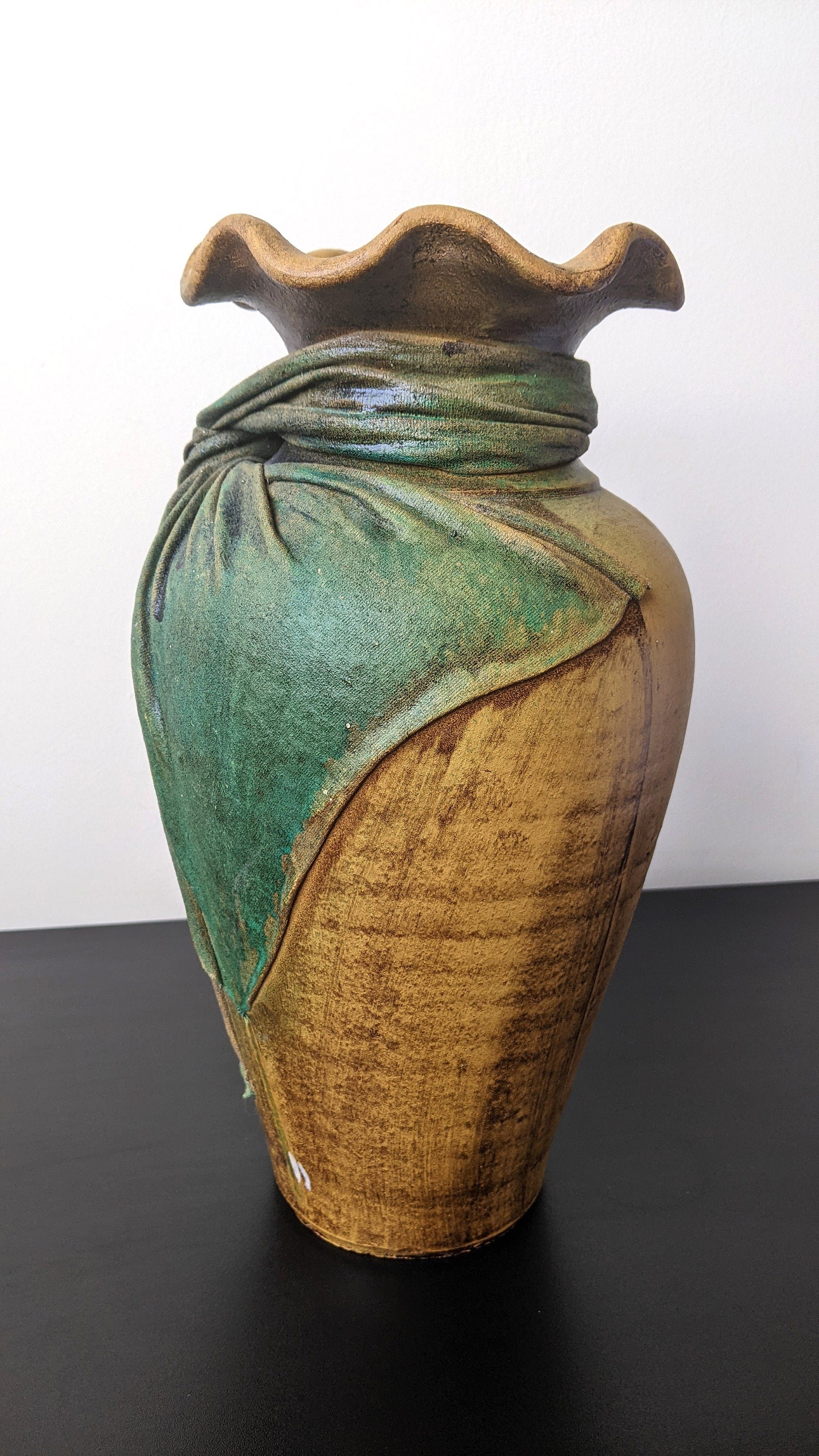 Large Vintage Stoneware Vase with Burlap Fabric Drape, Unique Sculpted Cloth Studio Pottery