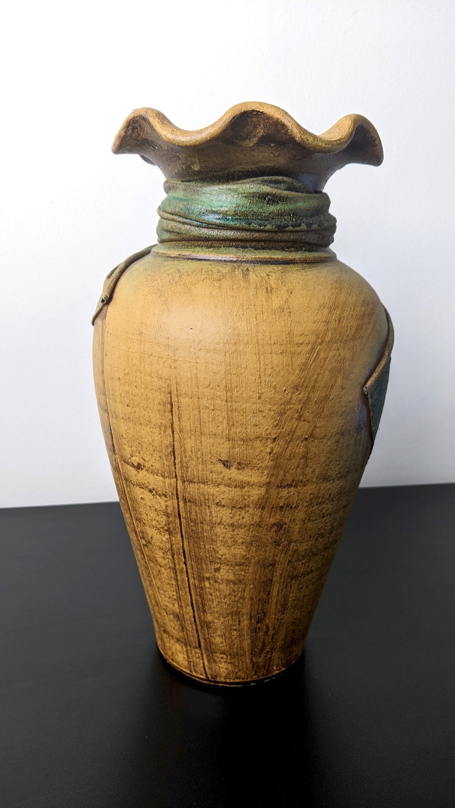 Large Vintage Stoneware Vase with Burlap Fabric Drape, Unique Sculpted Cloth Studio Pottery