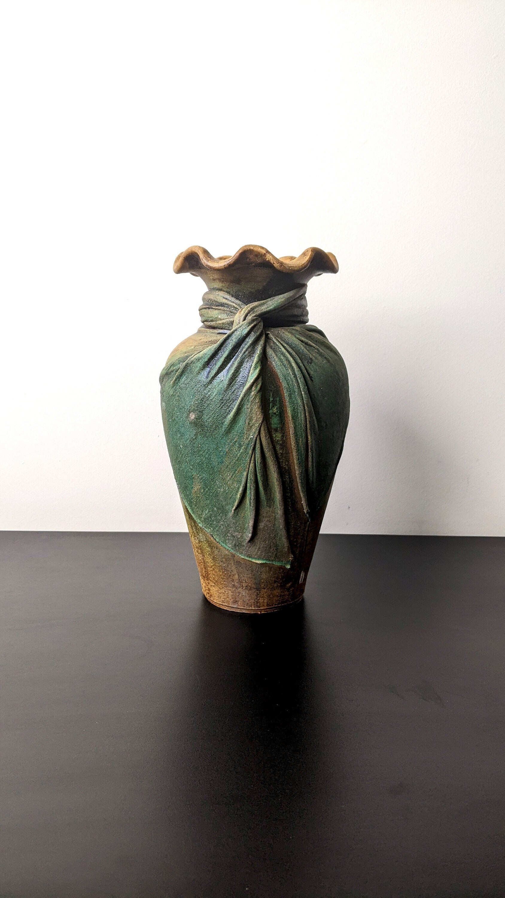 Large Vintage Stoneware Vase with Burlap Fabric Drape, Unique Sculpted Cloth Studio Pottery