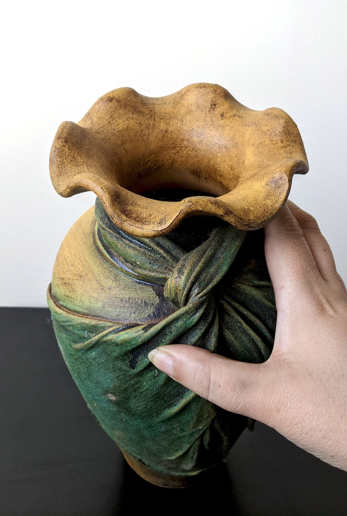 Large Vintage Stoneware Vase with Burlap Fabric Drape, Unique Sculpted Cloth Studio Pottery
