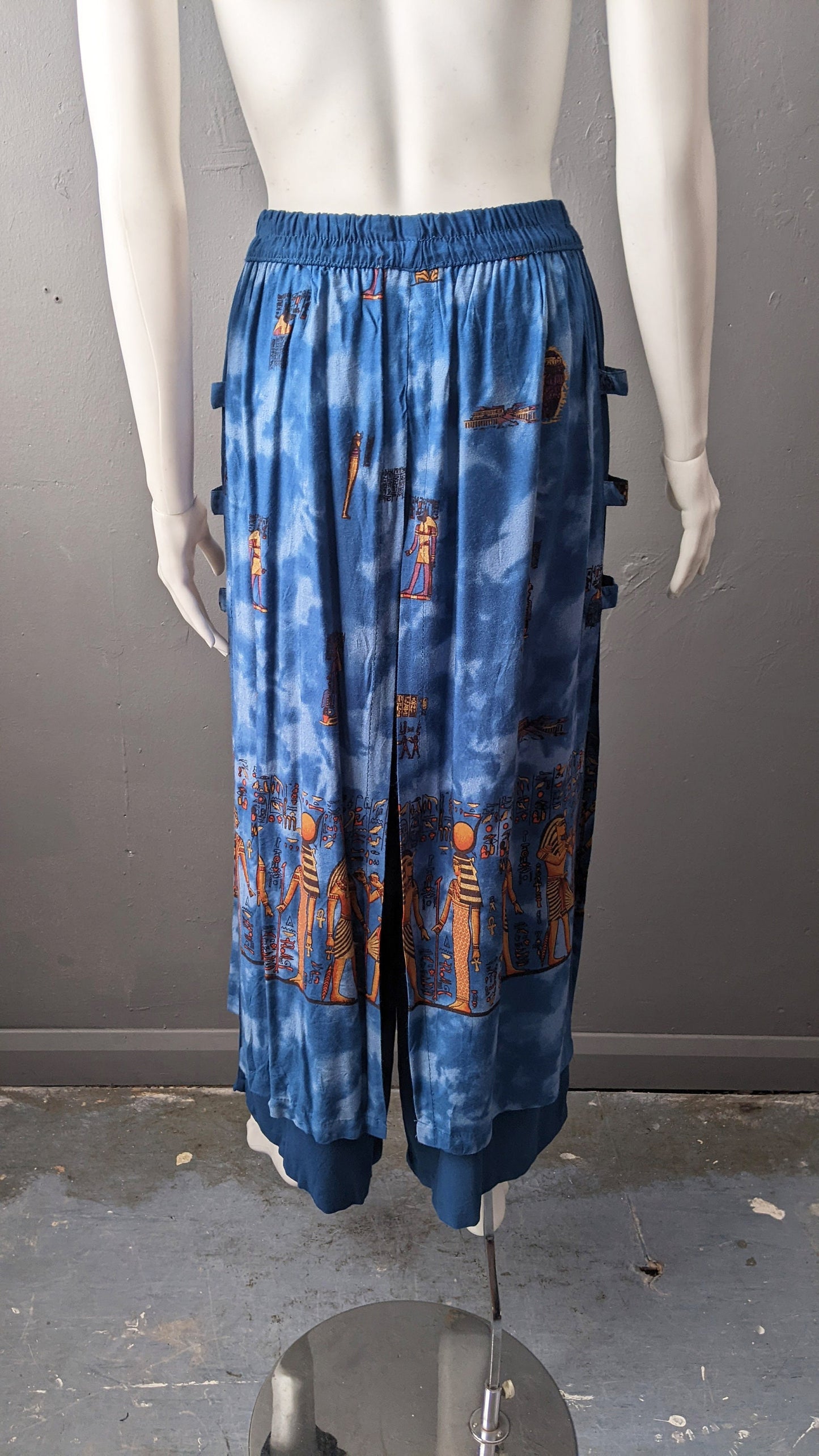 90s Wide Leg Summer Trousers with Egyptian Gods, Size Small Medium