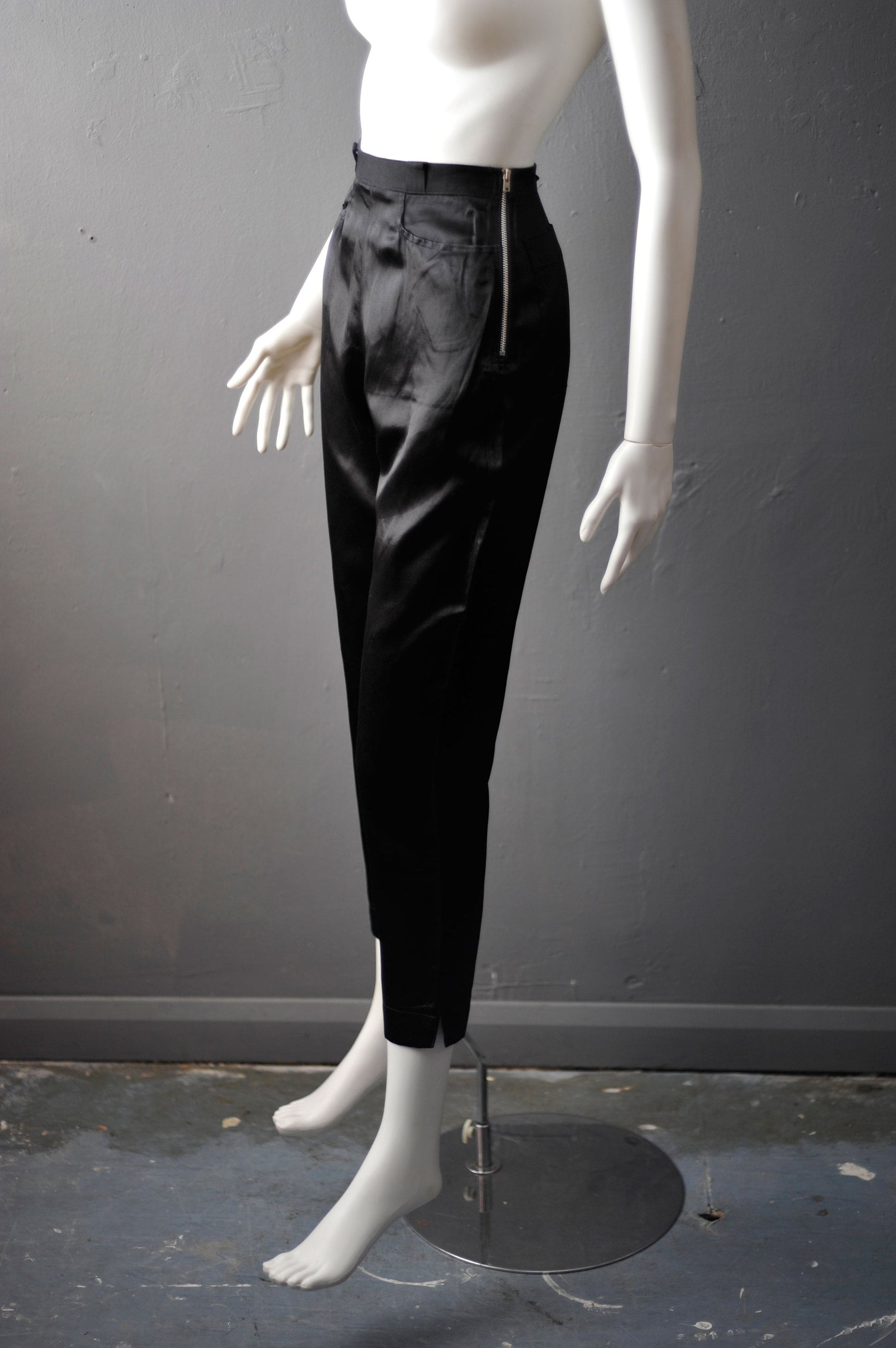 90s Black Satin Capri Trousers by Michel Klein, Size Petite