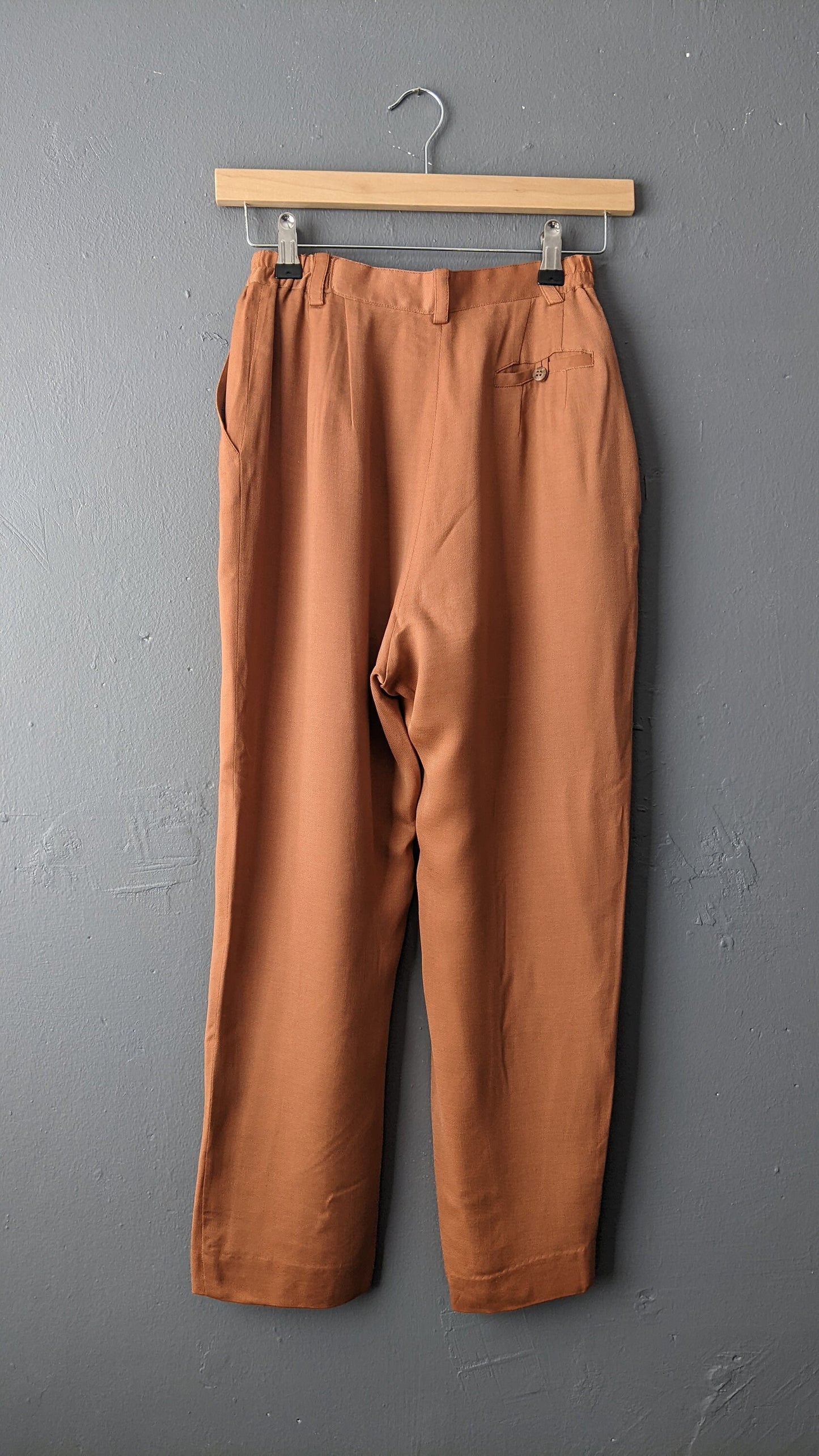 90s Terracotta Pleat Front Trousers, Tapered Fit, Size Short Petite