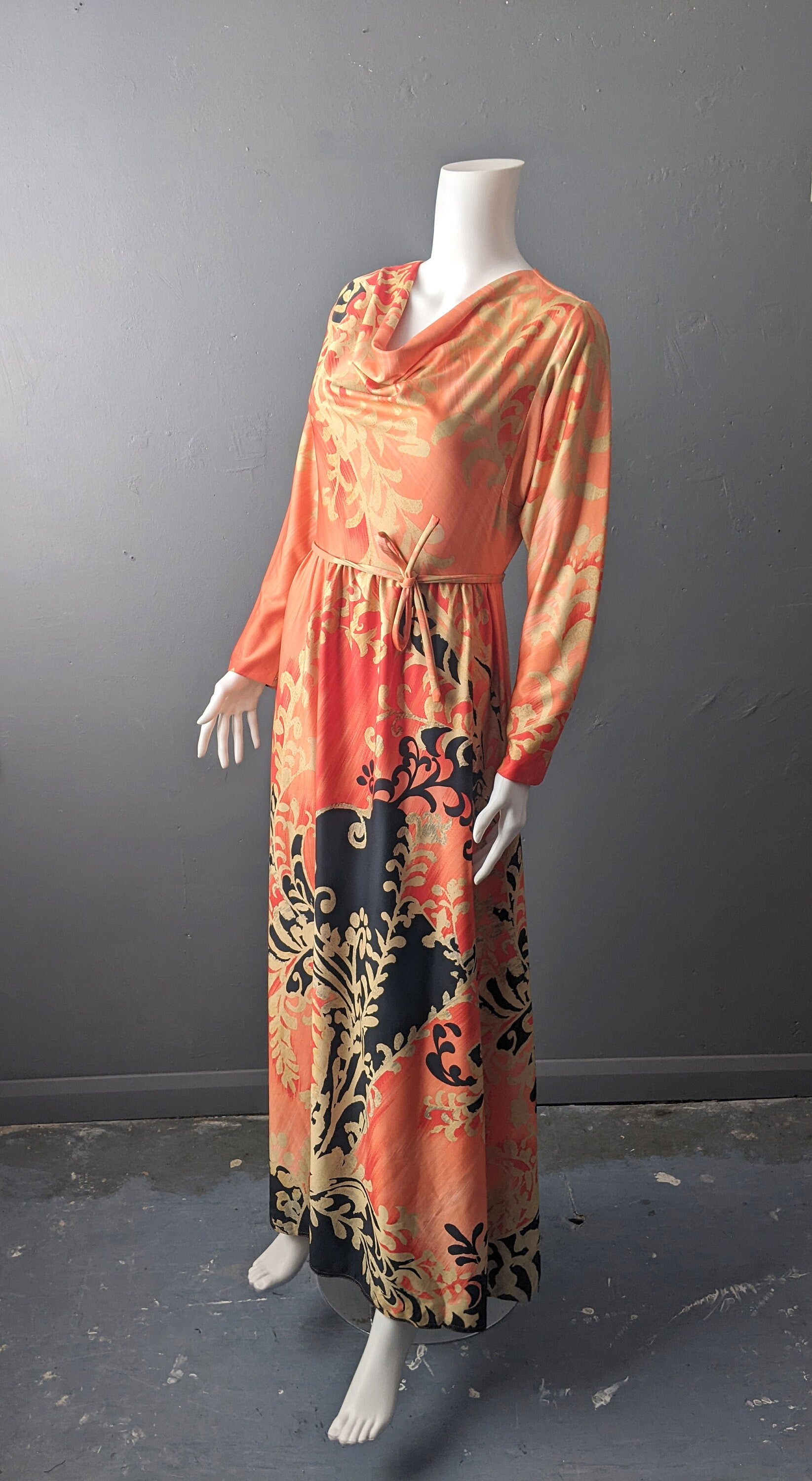 70s Cowl Neck Maxi Dress by Clive Byrne, Seventies Bohemian, Size Small Medium