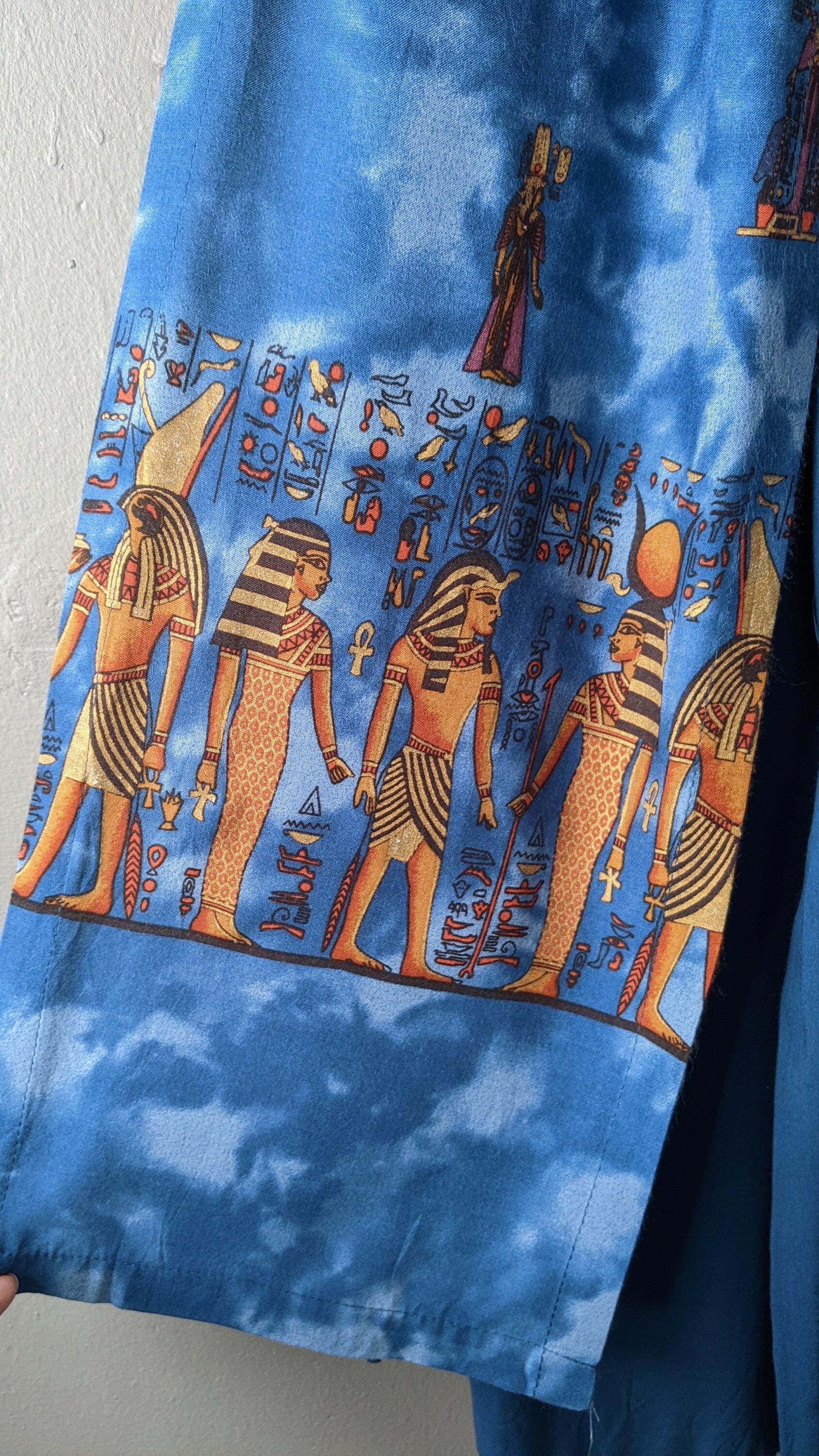 90s Wide Leg Summer Trousers with Egyptian Gods, Size Small Medium