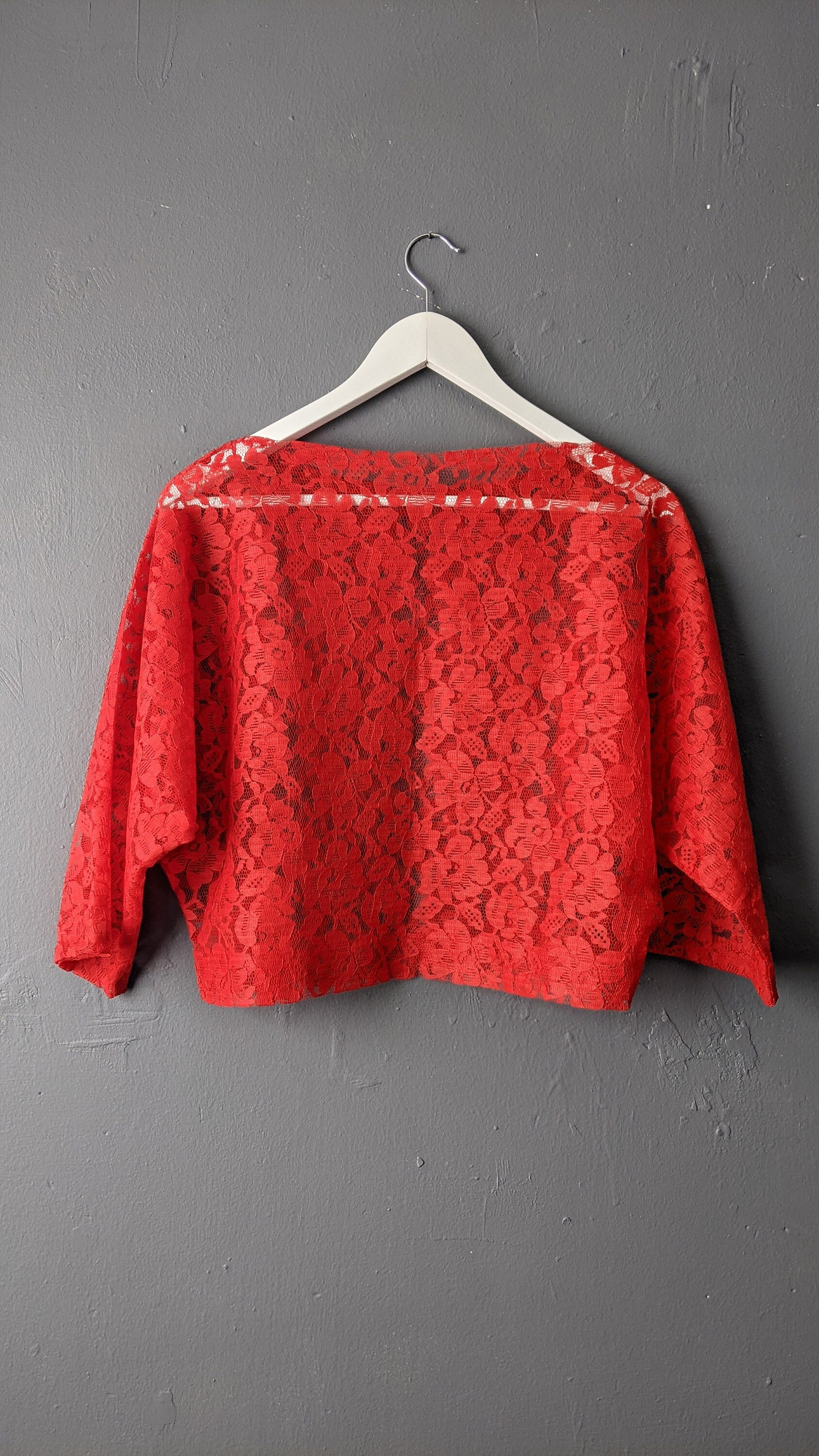 80s Bright Red Cropped Lace Top, Size Small Medium