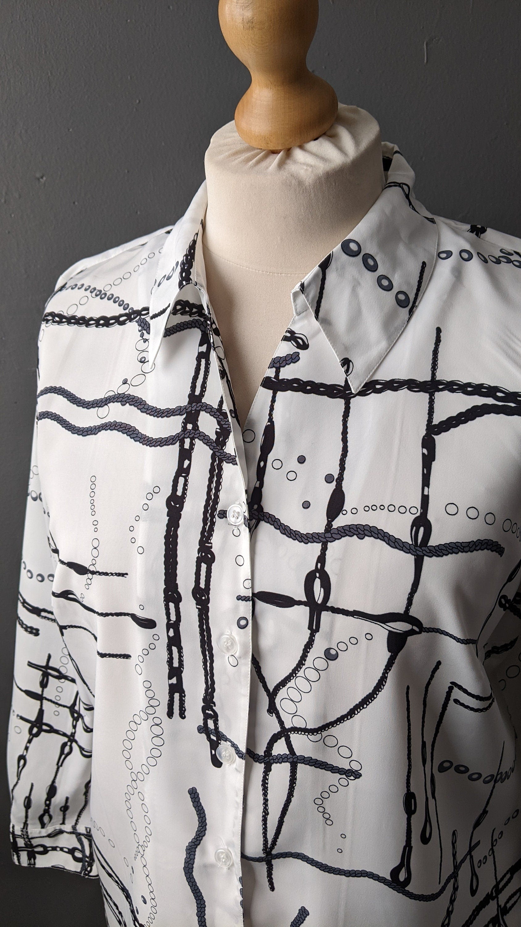 90s Abstract Chains Shirt, Monochrome Art Blouse, Size Large