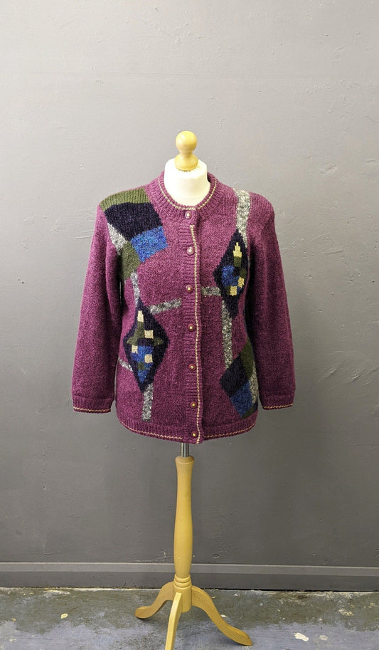 80s Colourful Cardigan, Wool Blend Multicoloured Coatigan, Size Medium Large