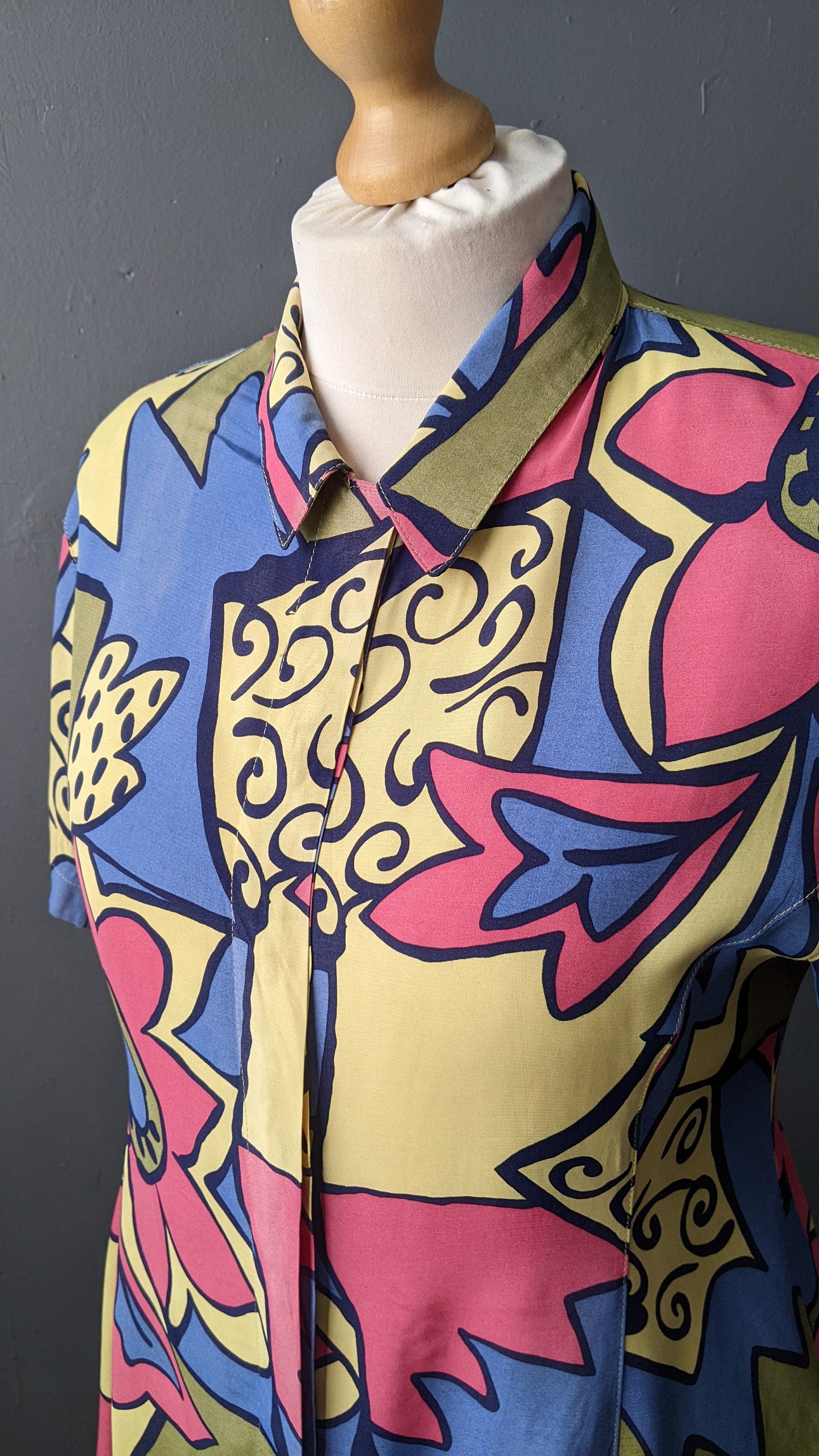 80s Modernist Art Shirt by Ouiset, Multicoloured Short Sleeve Flared Blouse, Size Large