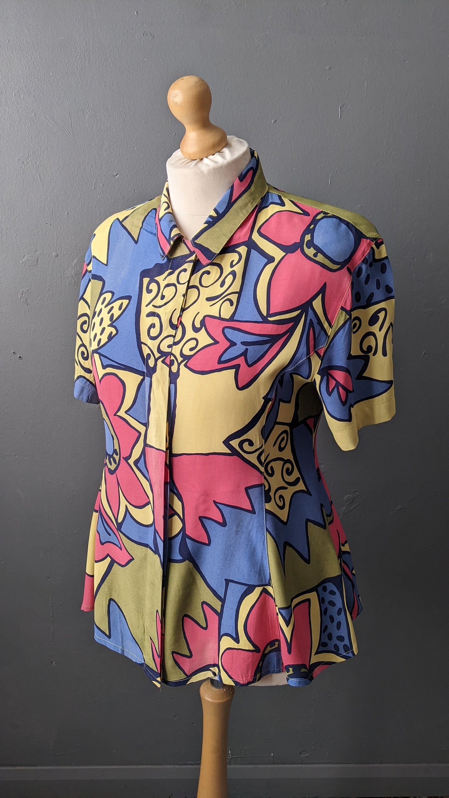 80s Modernist Art Shirt by Ouiset, Multicoloured Short Sleeve Flared Blouse, Size Large