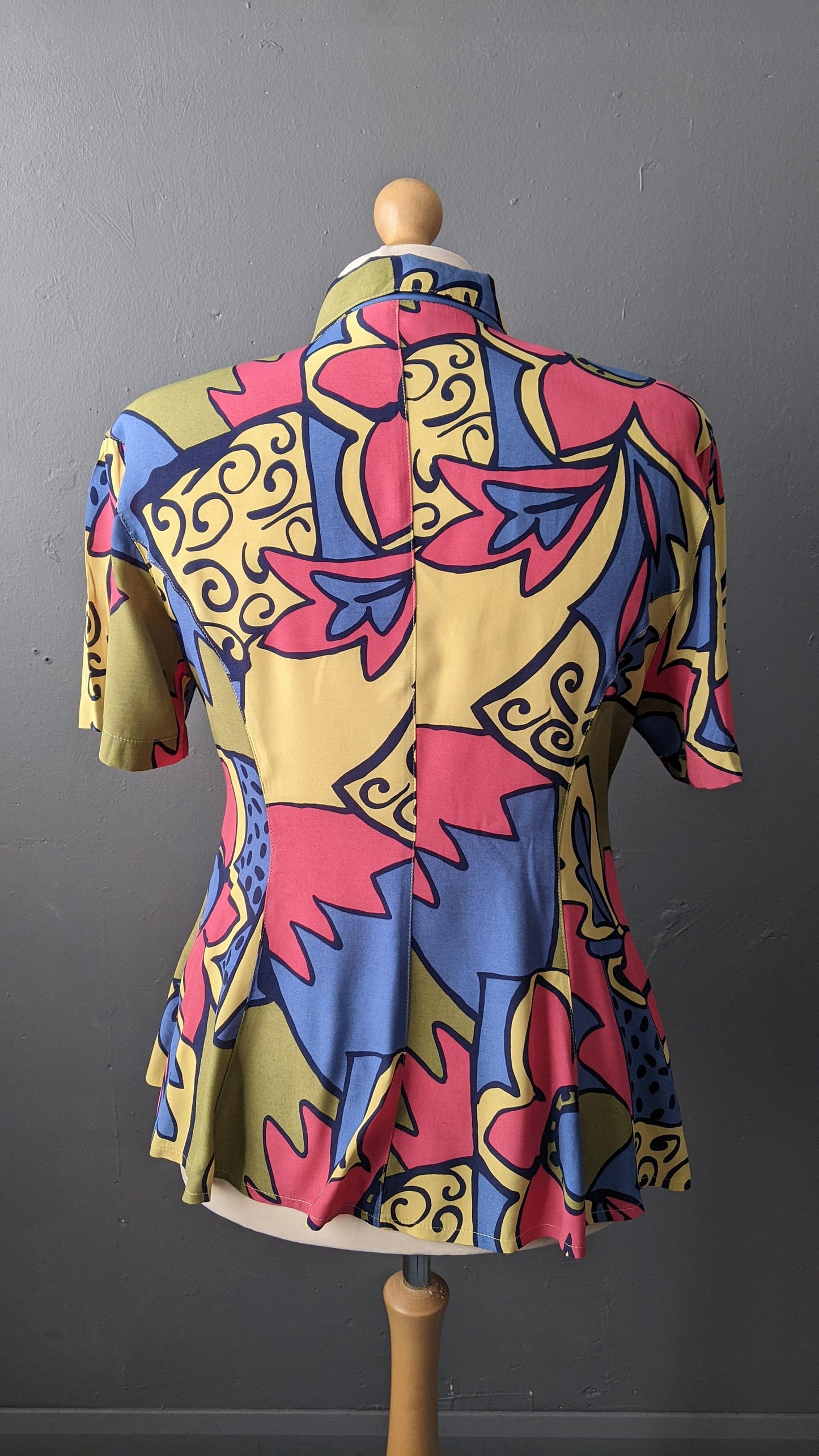 80s Modernist Art Shirt by Ouiset, Multicoloured Short Sleeve Flared Blouse, Size Large