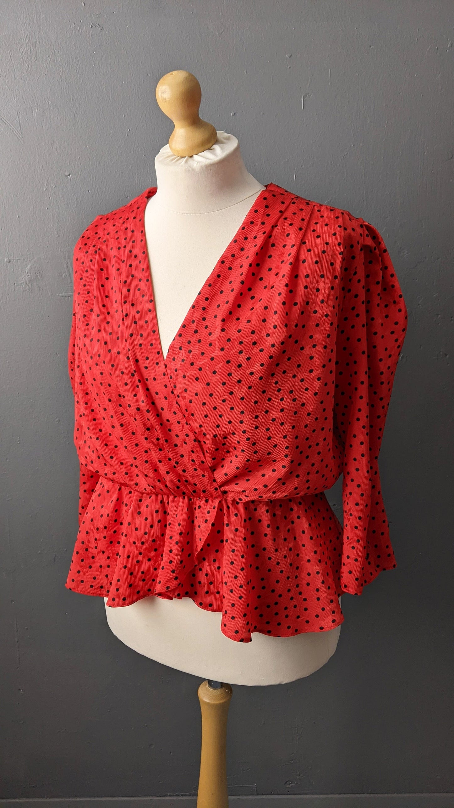 80s Polka Dot Wrap Peplum Blouse by Golden Gate, Plus Size XL