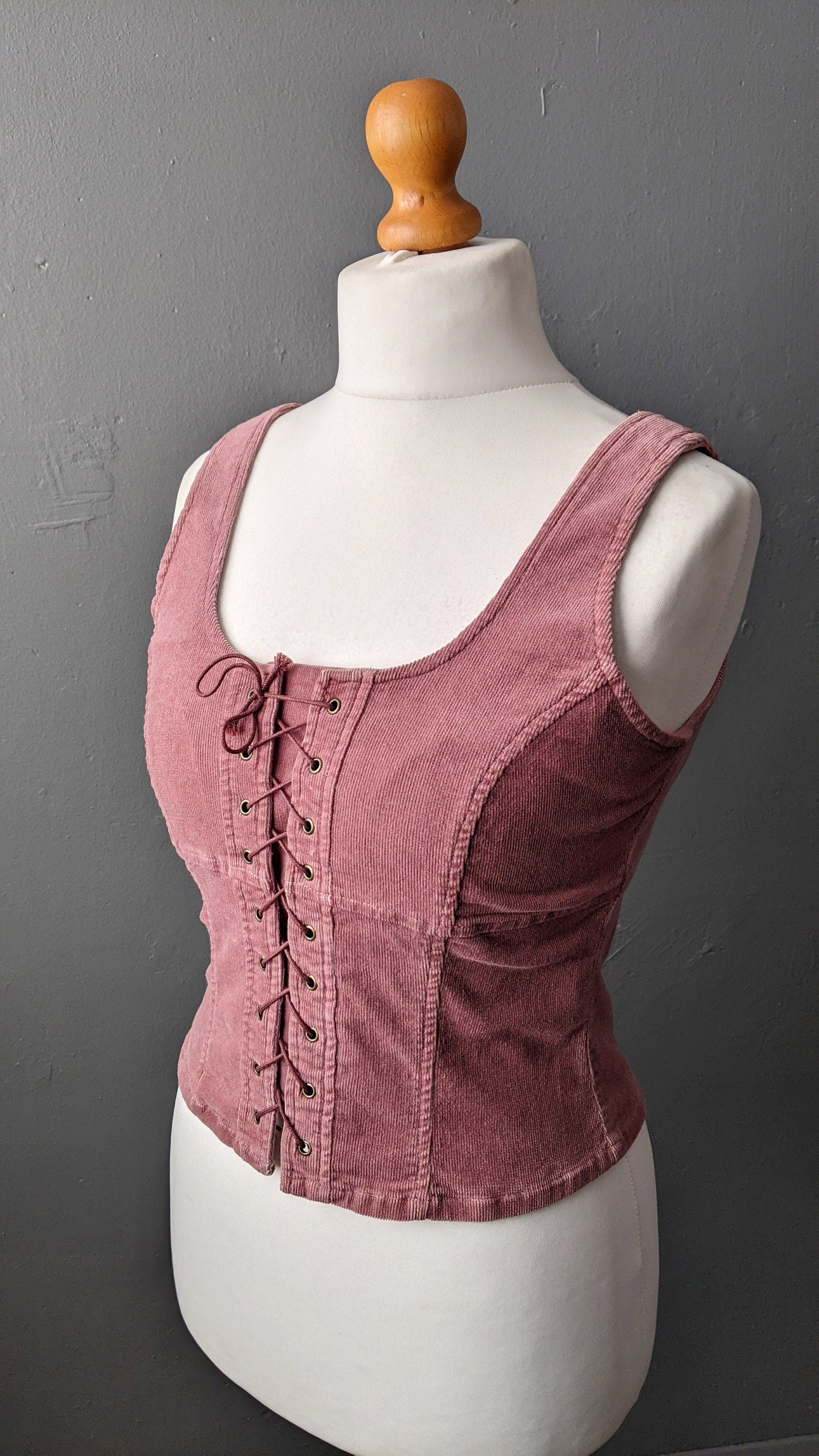 90s Pink Corduroy Bodice Vest with Front Lacing, Size Medium