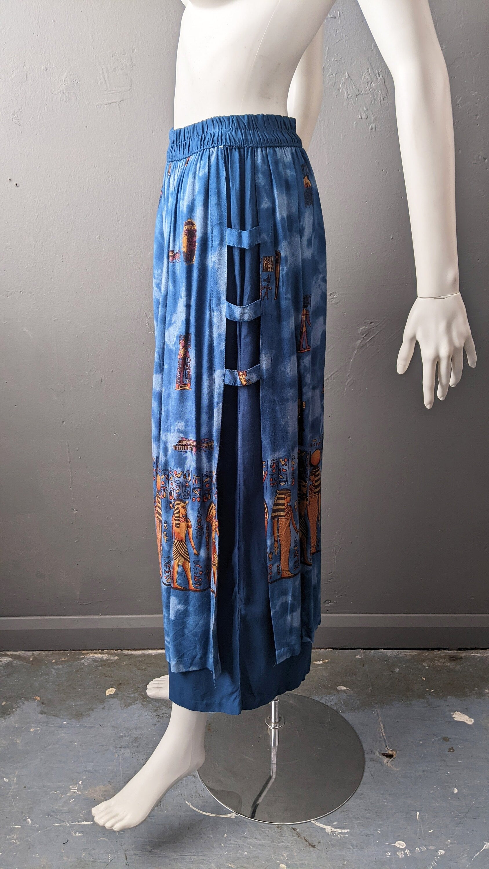 90s Wide Leg Summer Trousers with Egyptian Gods, Size Small Medium