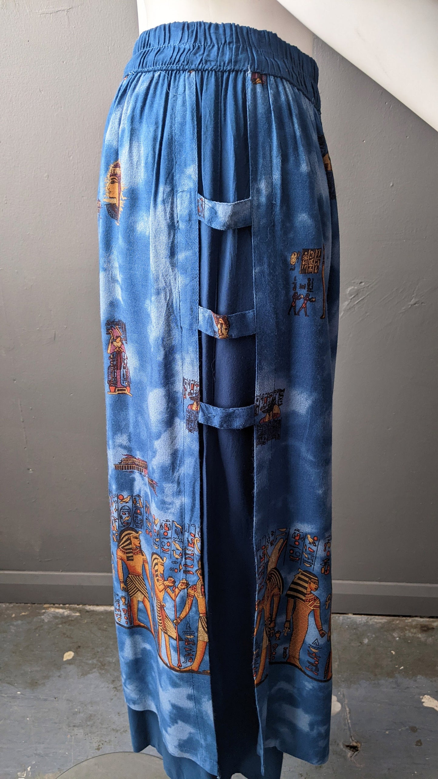 90s Wide Leg Summer Trousers with Egyptian Gods, Size Small Medium