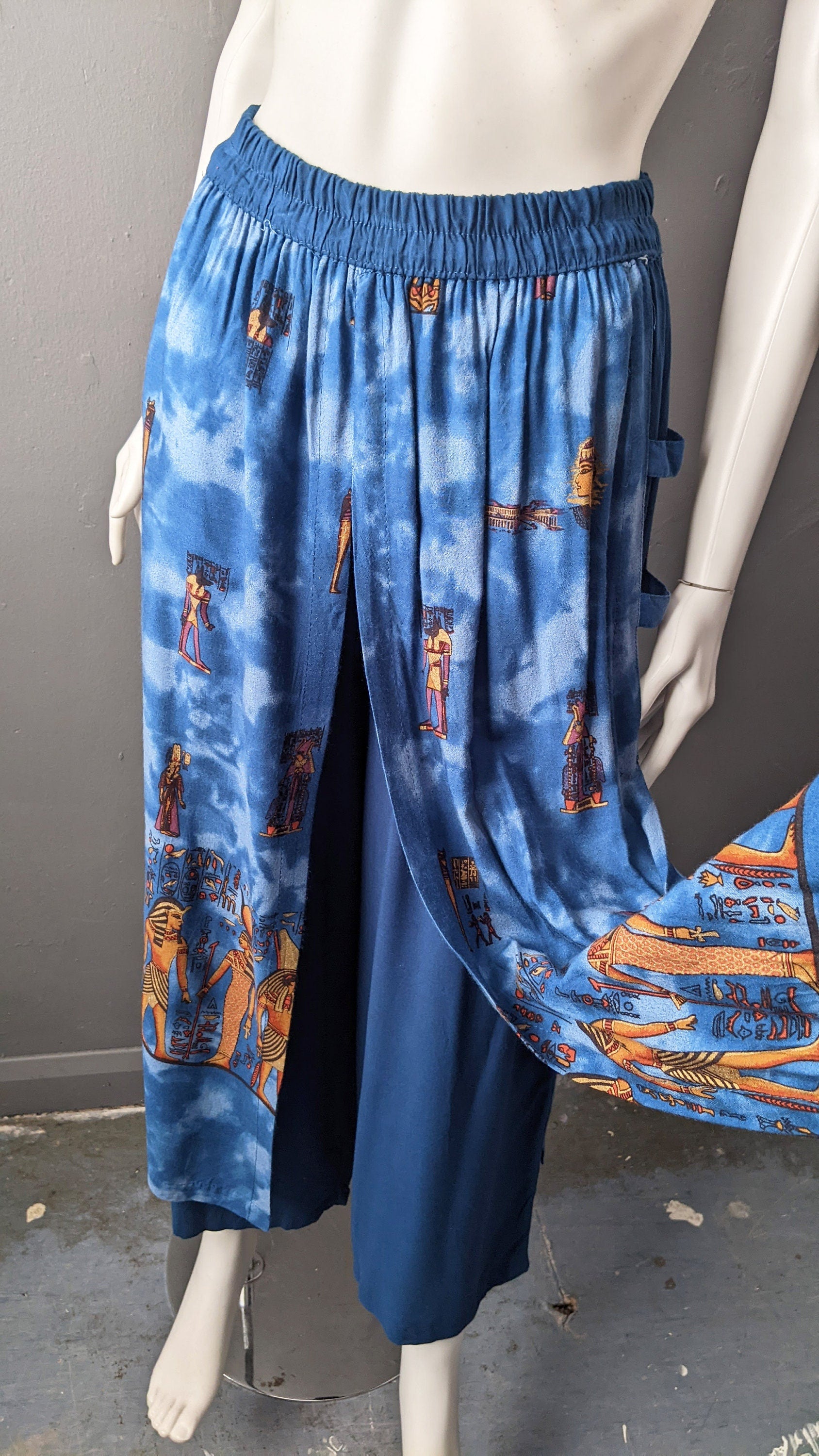 90s Wide Leg Summer Trousers with Egyptian Gods, Size Small Medium