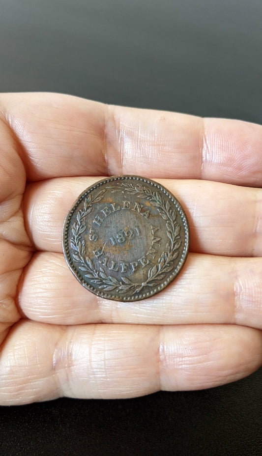 Antique St Helena Halfpenny from 1821, Napoleonic War Coin