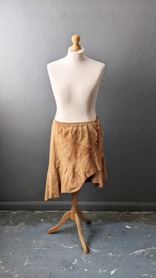 Tan Suede Wrap Skirt, 90s Western Style Miniskirt, Size Large