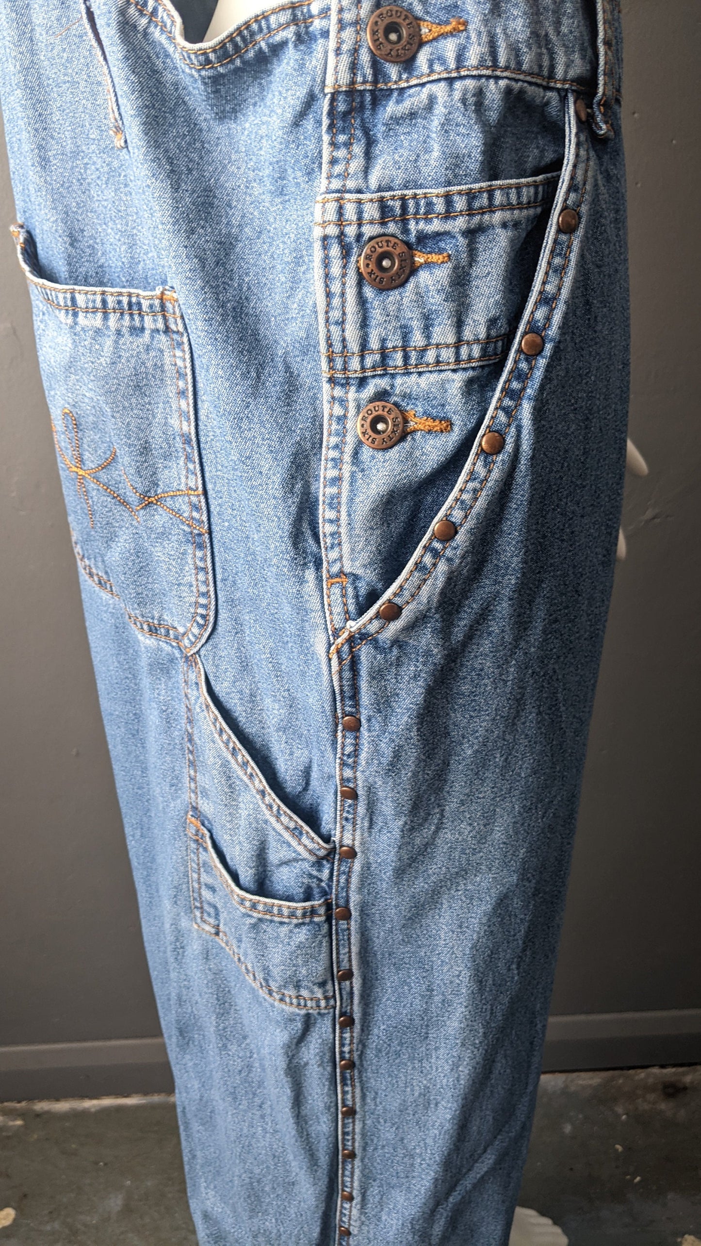 90s Route 66 Dungarees, Stonewash Denim Workwear Bib Overalls, 39 waist