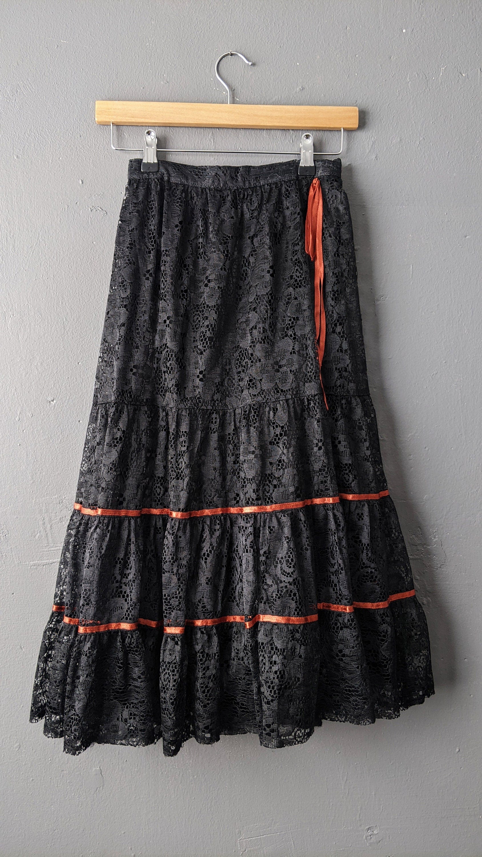 80s Black Tiered Lace Skirt by C A Gothic Gypsy Dark Bohemian Size Vintage Vyse