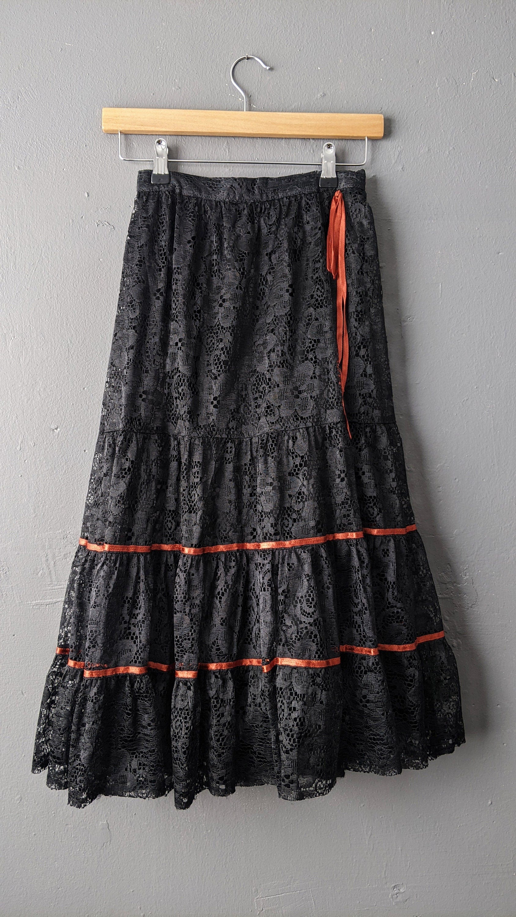 80s Black Tiered Lace Skirt by C&A, Gothic Gypsy, Dark Bohemian, Size Small