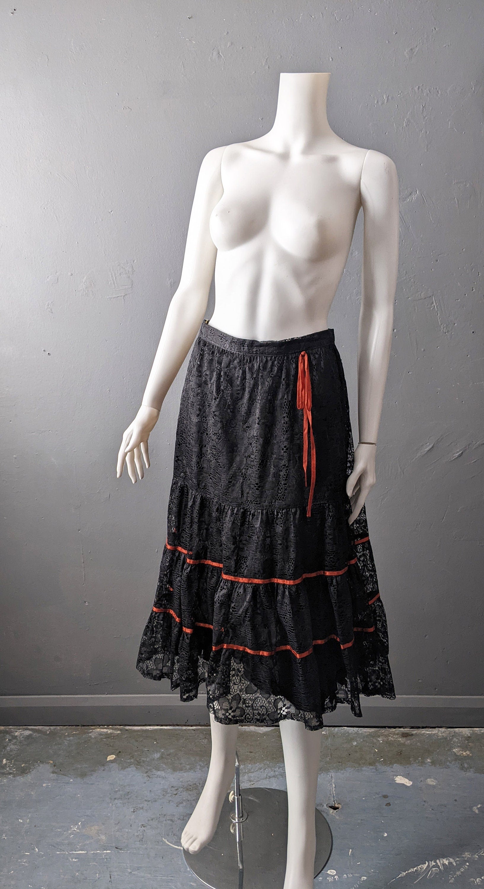 80s Black Tiered Lace Skirt by C A Gothic Gypsy Dark Bohemian Size Vintage Vyse