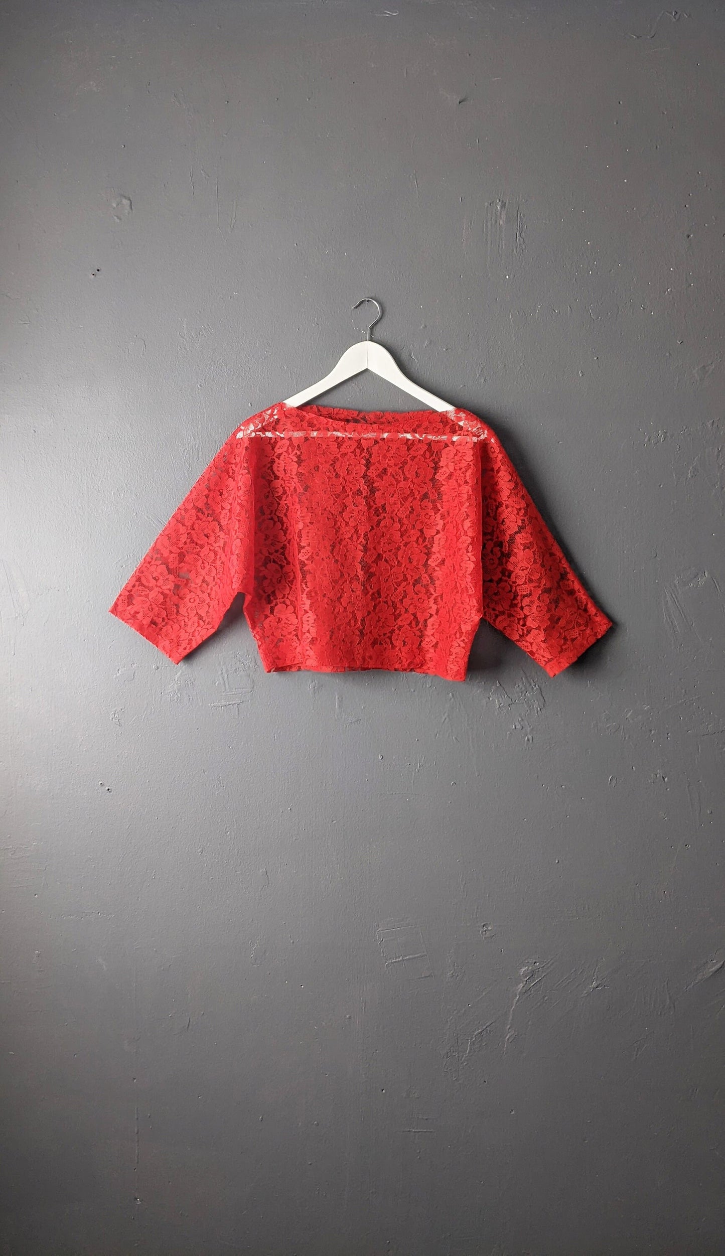 80s Bright Red Cropped Lace Top, Size Small Medium