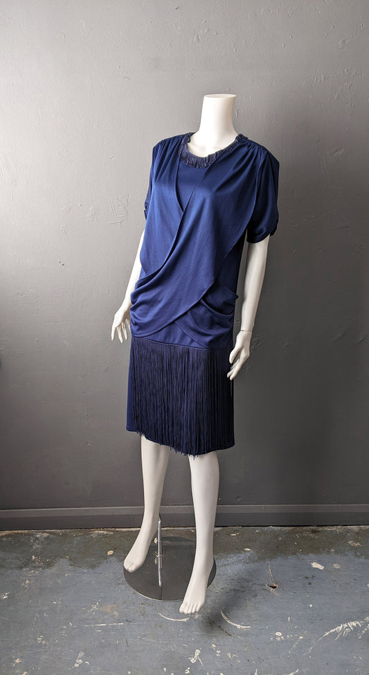 80s Flapper Fringe Dress, Draped Cocktail Dress, Size Medium