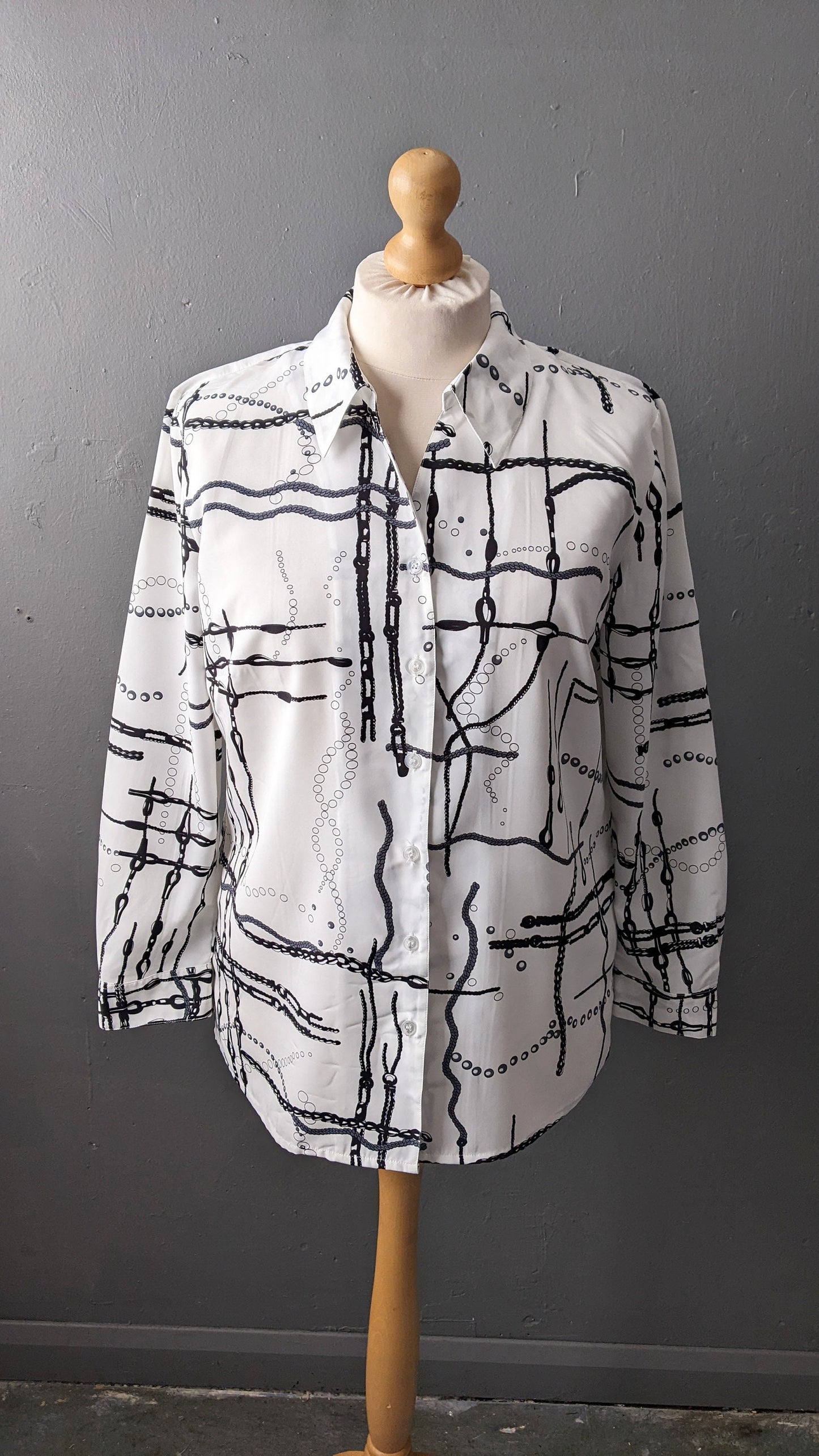 90s Abstract Chains Shirt, Monochrome Art Blouse, Size Large