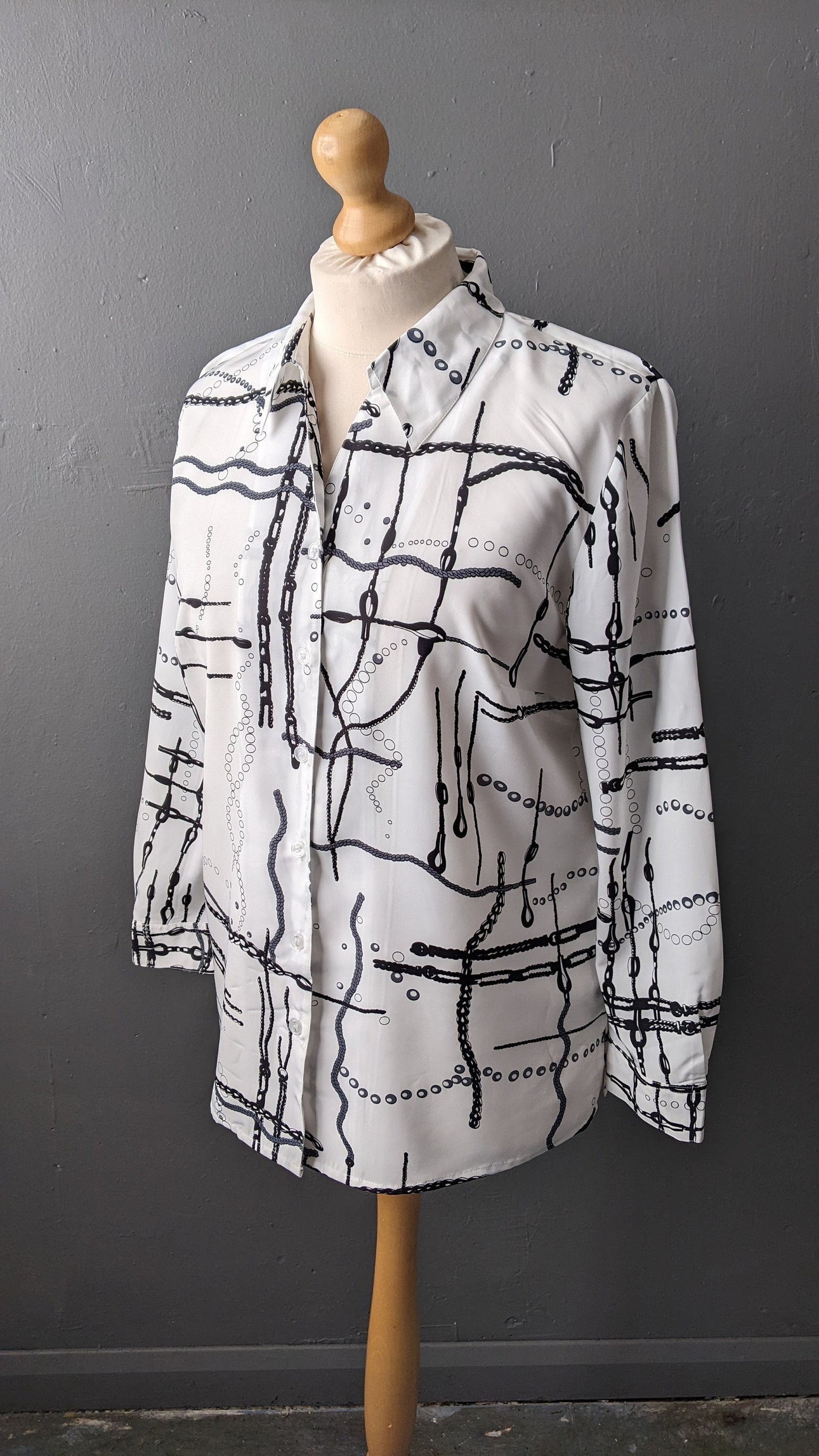 90s Abstract Chains Shirt, Monochrome Art Blouse, Size Large