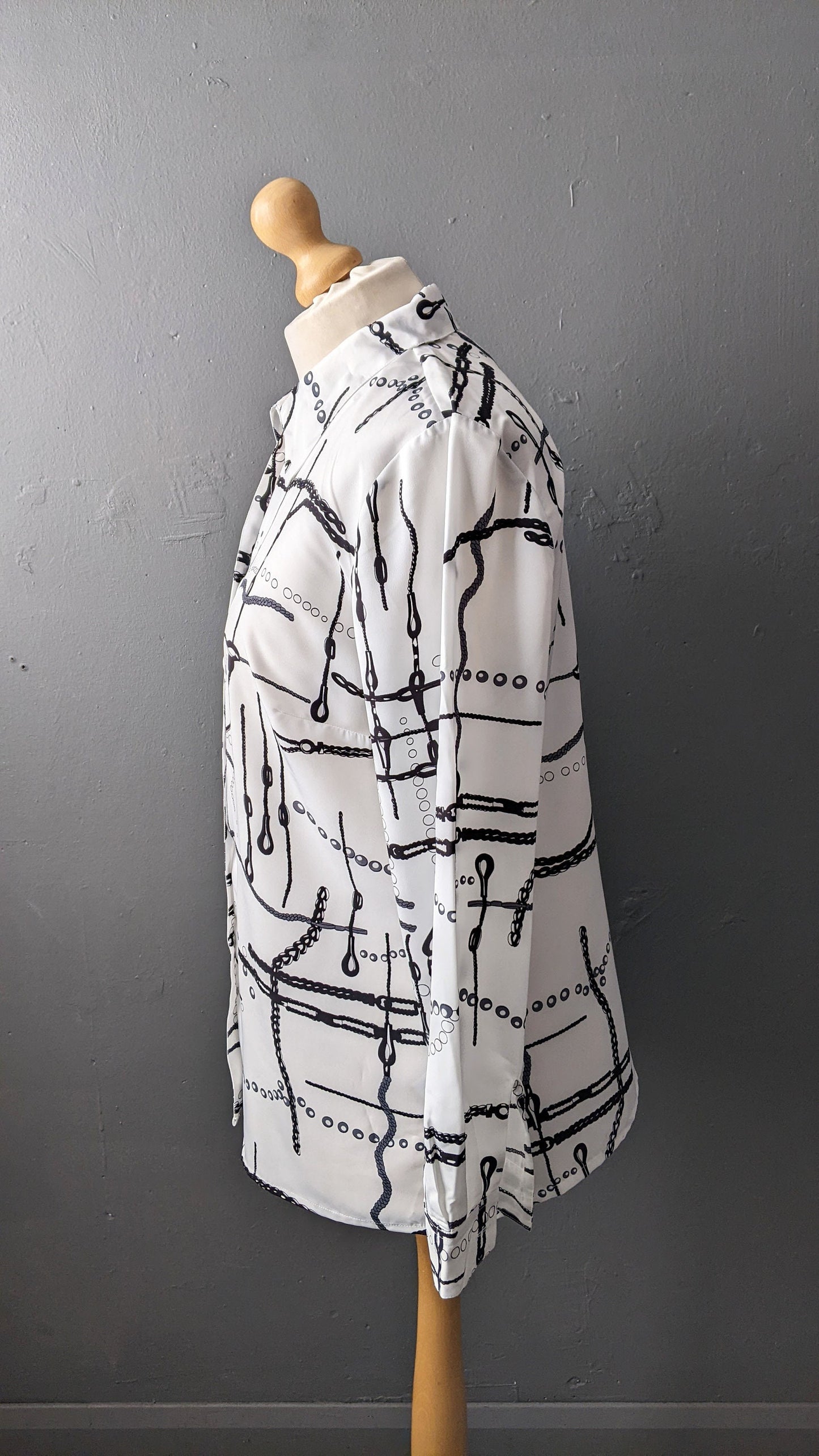 90s Abstract Chains Shirt, Monochrome Art Blouse, Size Large