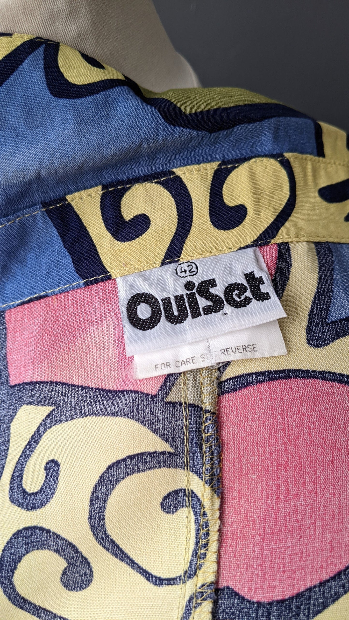 80s Modernist Art Shirt by Ouiset, Multicoloured Short Sleeve Flared Blouse, Size Large